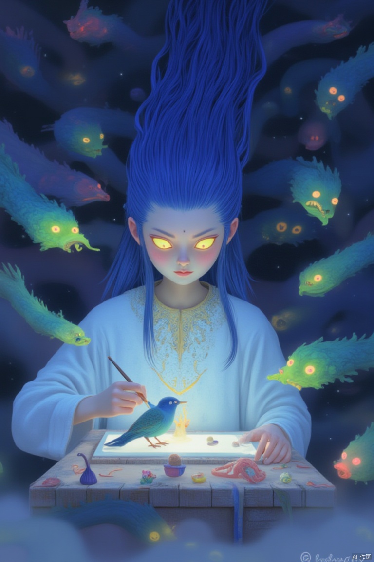 In this revised scene, the female character with long blue hair, now exhibiting a fierce yet serene expression, stands at the brink of the underworld, her body tense with the intensity of her artistic endeavor. Her eyes, still glowing yellow with wisdom and insight, are narrowed slightly in concentration, as if she's peering into the very fabric of existence to capture its essence. Her lips are pressed into a firm line, betraying her unwavering determination to bring this work to life.

She leans over the ancient stone table, her flawless white robe billowing slightly around her like a cloud of purity amidst the darkness. The golden necklace glimmers more brightly against her chest, casting a warm glow that illuminates her surroundings and accentuates the contrast between light and shadow.

On the table, the colorful bird remains perched, its gaze now fixed intently on the woman's brushstrokes, as if it too is awaiting the completion of this remarkable creation. The small objects scattered around the bird seem to hold even more significance now, their intricate details inspiring the woman's every move.

As she wields her paintbrush with a renewed vigor, her strokes become more forceful yet precise, each one imbued with a deep emotional resonance. She doesn't just capture the images of the strange creatures lurking in the misty background; she captures their spirits, their struggles, and their interconnectedness. The canvas beneath her hand begins to hum with life, as if the creatures themselves are being summoned forth.

The mist swirls and shifts, revealing more of the underworld's denizens—the emerald green fish darting gracefully, the fiery snakes slithering with a primal energy. Yet amidst this chaos, the woman remains focused, her every movement a testament to her mastery over this otherworldly realm.

In this moment, she is not just an artist; she is a conduit, a bridge between the worlds of life and death, giving form to the unseen and the unknown. And as her masterpiece takes shape, the underworld itself seems to reverberate with the power of her creation, as if it has been forever changed by the beauty and truth she has brought into being.,yt dream style
