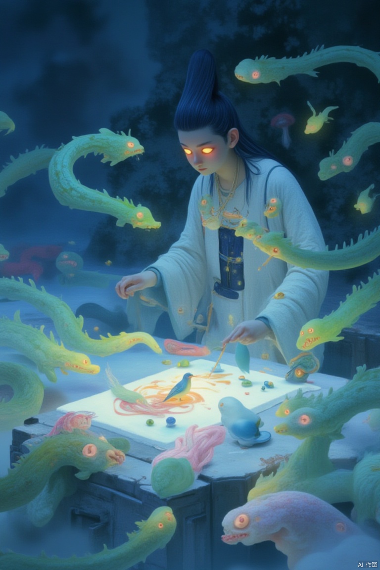 In this revised scene, the female character with long blue hair, now exhibiting a fierce yet serene expression, stands at the brink of the underworld, her body tense with the intensity of her artistic endeavor. Her eyes, still glowing yellow with wisdom and insight, are narrowed slightly in concentration, as if she's peering into the very fabric of existence to capture its essence. Her lips are pressed into a firm line, betraying her unwavering determination to bring this work to life.

She leans over the ancient stone table, her flawless white robe billowing slightly around her like a cloud of purity amidst the darkness. The golden necklace glimmers more brightly against her chest, casting a warm glow that illuminates her surroundings and accentuates the contrast between light and shadow.

On the table, the colorful bird remains perched, its gaze now fixed intently on the woman's brushstrokes, as if it too is awaiting the completion of this remarkable creation. The small objects scattered around the bird seem to hold even more significance now, their intricate details inspiring the woman's every move.

As she wields her paintbrush with a renewed vigor, her strokes become more forceful yet precise, each one imbued with a deep emotional resonance. She doesn't just capture the images of the strange creatures lurking in the misty background; she captures their spirits, their struggles, and their interconnectedness. The canvas beneath her hand begins to hum with life, as if the creatures themselves are being summoned forth.

The mist swirls and shifts, revealing more of the underworld's denizens—the emerald green fish darting gracefully, the fiery snakes slithering with a primal energy. Yet amidst this chaos, the woman remains focused, her every movement a testament to her mastery over this otherworldly realm.

In this moment, she is not just an artist; she is a conduit, a bridge between the worlds of life and death, giving form to the unseen and the unknown. And as her masterpiece takes shape, the underworld itself seems to reverberate with the power of her creation, as if it has been forever changed by the beauty and truth she has brought into being.,yt dream style