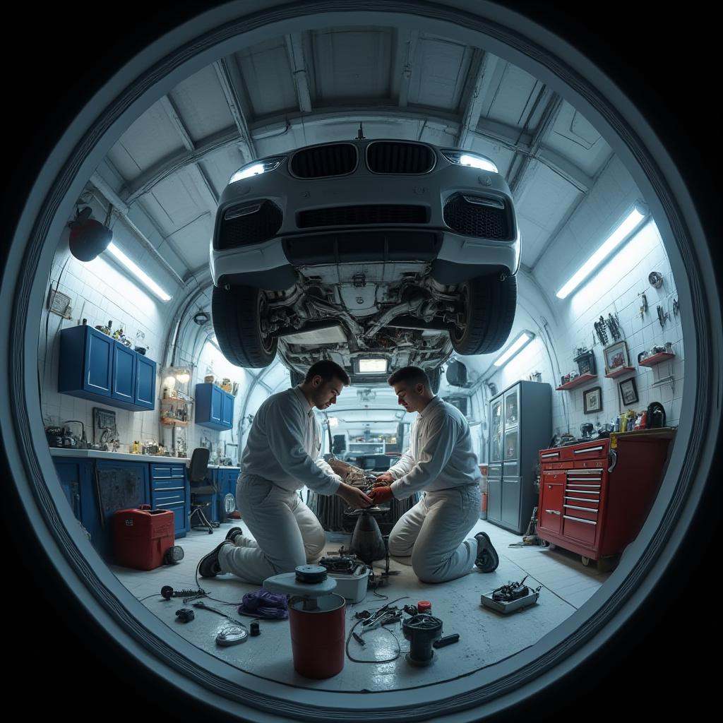 cinematic film still professional 3d model  <lora:lora-2..000008.TA_trained:1>A circular, tunnel-like garage scene featuring two meticulous mechanics working underneath a car. The car is lifted on a platform, its underside exposed, while the mechanics, dressed in clean uniforms, carefully inspect and clean various parts. One mechanic uses a cloth to wipe down components, while the other shines a light to check for any issues. The garage is filled with detailed elements such as tool cabinets, a rolling toolbox, spare parts, and a small workbench with neatly organized tools. The scene is lit by bright, overhead workshop lights casting dramatic shadows, with a faint haze of volumetric light adding depth. Oil cans, a jack, and a tire are placed around the scene, highlighting the professional, well-maintained environment. Viewed through a transparent window with a zoomed-in, fisheye perspective, the scene is rendered with high-definition detail, capturing the clean, precise atmosphere of a high-end garage. . octane render, highly detailed, volumetric, dramatic lighting . shallow depth of field, vignette, highly detailed, high budget, bokeh, cinemascope, moody, epic, gorgeous, film grain, grainy