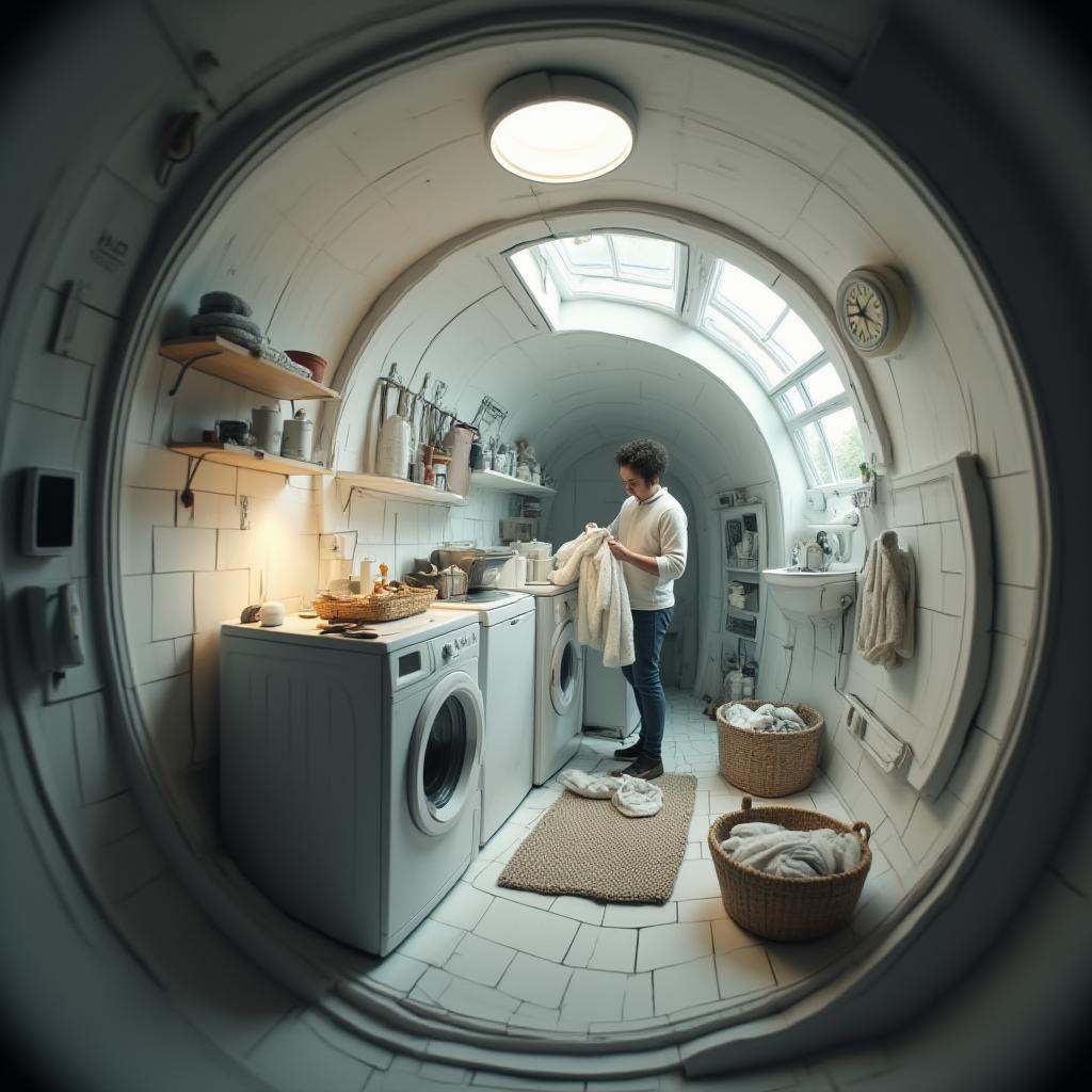 cinematic film still professional 3d model  <lora:lora-2..000008.TA_trained:1>A circular, tunnel-like laundry room with a person folding clothes next to a washing machine and dryer. The curved walls feature small shelves with detergents, a basket of clothes, and a hanging rack. Soft, diffused lighting highlights the mundane yet cozy setting, with a fisheye perspective offering a close, personal view. . octane render, highly detailed, volumetric, dramatic lighting . shallow depth of field, vignette, highly detailed, high budget, bokeh, cinemascope, moody, epic, gorgeous, film grain, grainy
