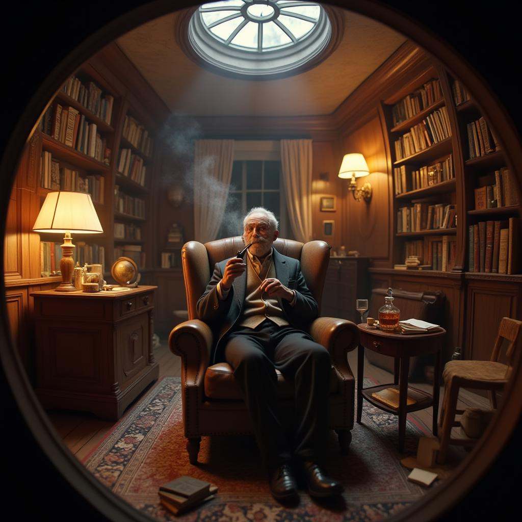 cinematic film still professional 3d model  <lora:lora-2..000008.TA_trained:1>A circular, tunnel-like study scene featuring an older gentleman with a distinguished look, sitting comfortably in a vintage leather armchair. He’s smoking a pipe, his nose prominent in profile as wisps of smoke curl around him. In one hand, he holds a glass of whiskey, the amber liquid catching the warm, ambient light from a nearby lamp. The room is lined with towering bookshelves filled with old, leather-bound books, some slightly askew, adding to the well-lived-in charm.The scene is adorned with classic, elegant details like a wooden desk with scattered papers and an antique globe. A small table beside the chair holds a decanter set and a few more books, open as if recently referenced. Rich, dark wood paneling and a Persian rug create a cozy, scholarly atmosphere, enhanced by the soft, golden glow of table lamps and wall sconces.Volumetric light streams gently through a curtained window in the background, illuminating the dust particles in the air, adding to the sense of age and history in the room. The overall mood is warm and contemplative, with the scent of tobacco and old books almost tangible. Viewed through a transparent window with a zoomed-in, fisheye perspective, the scene is rendered in high-definition detail, capturing the timeless elegance and intimate ambiance of a classic study. . octane render, highly detailed, volumetric, dramatic lighting . shallow depth of field, vignette, highly detailed, high budget, bokeh, cinemascope, moody, epic, gorgeous, film grain, grainy