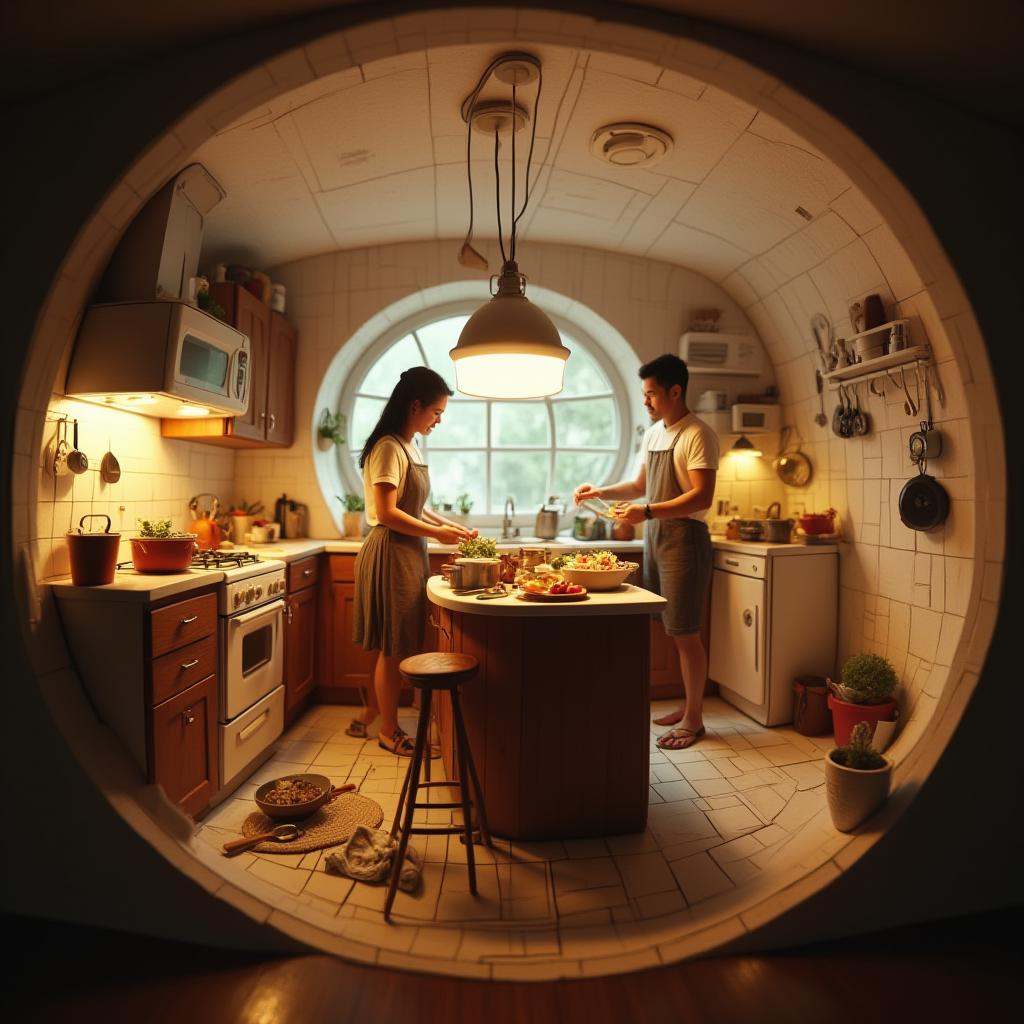 cinematic film still professional 3d model  <lora:lora-2..000008.TA_trained:1>A circular, tunnel-shaped kitchen where a couple is preparing a meal. The curved walls are lined with cabinets, a stove, and tiny utensils. There’s a small kitchen island in the center, with detailed elements like vegetables, pots, and pans. The scene is illuminated by warm, overhead lights, creating a homey atmosphere viewed through a transparent window with a fisheye lens. . octane render, highly detailed, volumetric, dramatic lighting . shallow depth of field, vignette, highly detailed, high budget, bokeh, cinemascope, moody, epic, gorgeous, film grain, grainy