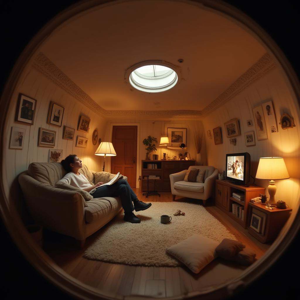 cinematic film still professional 3d model  <lora:lora-2..000008.TA_trained:1>A circular, tunnel-shaped living room where a person lounges on a sofa, reading a book or watching TV. The rounded walls are adorned with small paintings, a bookshelf, and a side table with a lamp. Warm, ambient lighting and soft furnishings create a relaxed atmosphere, with the fisheye perspective drawing the viewer into the cozy scene. . octane render, highly detailed, volumetric, dramatic lighting . shallow depth of field, vignette, highly detailed, high budget, bokeh, cinemascope, moody, epic, gorgeous, film grain, grainy