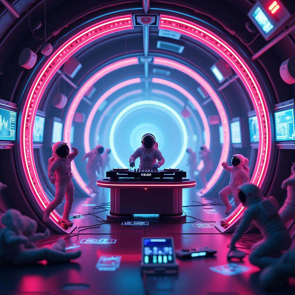 cinematic film still professional 3d model  <lora:Laura_Flux_Life_in_the_Round:0.8>Create a circular diorama depicting the interior of a futuristic space station turned into a vibrant, zero-gravity party scene, with a DJ setup in the center manned by an astronaut wearing headphones. The astronaut DJ is surrounded by floating music equipment, with holographic controls and speakers positioned around the curved walls. The station is filled with colorful, dynamic lighting and floating, transparent dance floors where other astronauts are seen enjoying the music, striking playful poses as they float weightlessly.Medical equipment and observation screens are integrated into the environment, showcasing the station's dual purpose as a research center. Some screens display the DJ’s beats in a visual format, while others show data about the station’s surroundings. The scene is illuminated by pulsating, multicolored lights that bounce off the metallic surfaces, creating a vibrant, otherworldly atmosphere. The camera orbits around the space, providing a 360-degree view of the unique combination of a medical research facility and a zero-gravity dance party, capturing the surreal energy of astronauts enjoying music in the weightless environment of space. . octane render, highly detailed, volumetric, dramatic lighting . shallow depth of field, vignette, highly detailed, high budget, bokeh, cinemascope, moody, epic, gorgeous, film grain, grainy
