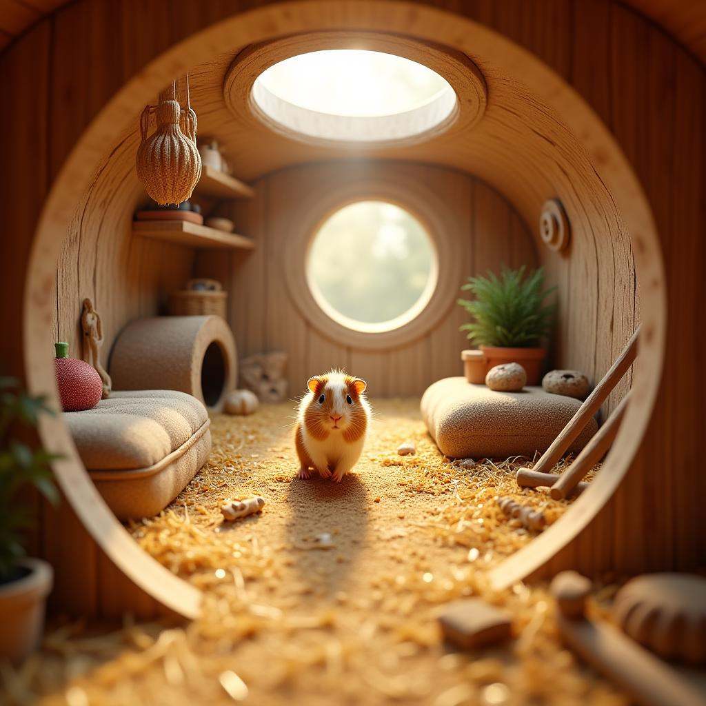cinematic film still professional 3d model  <lora:Laura_Flux_Life_in_the_Round:0.8>A circular, tunnel-like enclosure designed as the perfect environment for a pet guinea pig, who is happily running in continuous circles around the space. The curved walls, seamlessly blending into the floor and ceiling, are lined with soft, natural materials like wooden planks and hay, creating a warm, earthy atmosphere reminiscent of a natural habitat.The room is filled with small, cozy areas designed for the guinea pig's comfort and play, including a cushioned nesting spot with a soft blanket, a variety of chew toys, and a small tunnel that it can dart through. A feeding station with fresh vegetables, pellets, and a water bottle is neatly arranged along the curved wall, allowing the guinea pig to access food and water as it runs.The guinea pig, with its fluffy fur and bright eyes, scurries along the circular path, its tiny paws pattering softly on the ground as it explores every corner of its enclosed environment. Potted plants and small logs are scattered around, adding a touch of nature and giving the space a playful, adventurous feel.Natural light streams in from a small, circular skylight above, casting a gentle glow that enhances the textures of the hay, the fur, and the soft bedding. Viewed through a transparent, curved window with a zoomed-in, fisheye perspective, the scene captures the energetic movement and joyful behavior of the guinea pig as it circles its cozy, naturalistic environment. The high-definition render highlights the intricate details of the guinea pig's fur, the earthy tones of the enclosure, and the dynamic, playful atmosphere, providing a heartwarming, immersive glimpse into the miniature world of a well-loved pet. . octane render, highly detailed, volumetric, dramatic lighting . shallow depth of field, vignette, highly detailed, high budget, bokeh, cinemascope, moody, epic, gorgeous, film grain, grainy
