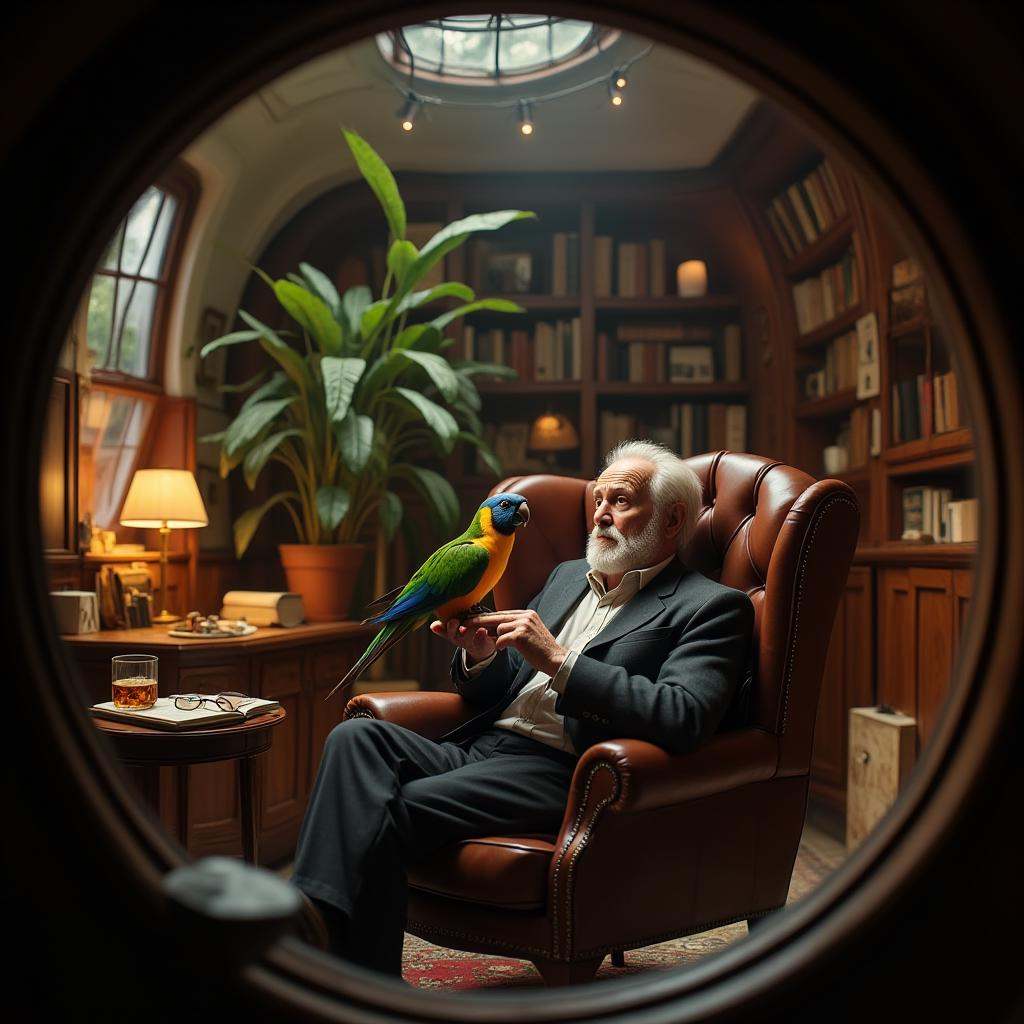 cinematic film still professional 3d model  <lora:lora-2..000008.TA_trained:1>A circular, tunnel-like study scene featuring an elderly man seated comfortably in a vintage leather armchair, holding a beautiful, vibrant Amazonian bird perched on his hand. The man’s eyes are gentle and focused on the bird, his expression serene and captivated by its colorful plumage. The bird’s feathers display a stunning array of greens, blues, and yellows, standing out against the warm, rich tones of the classic study.Behind him, tall bookshelves filled with leather-bound volumes and small artifacts add depth and character to the room. A potted plant with lush green leaves arches gracefully over the scene, complementing the natural beauty of the bird. The man’s other hand rests on the armrest, a glass of whiskey beside him on a small table, along with an open book and a pair of reading glasses, suggesting a quiet, reflective moment interrupted by this rare encounter.Soft, ambient lighting from a nearby lamp casts a warm glow across the scene, highlighting the intricate details of the man’s face, the texture of his chair, and the vibrant colors of the bird. A subtle, volumetric light filters through a nearby window, illuminating the room and adding a touch of magic to the atmosphere. Viewed through a transparent window with a zoomed-in, fisheye perspective, the scene is rendered in high-definition detail, capturing the tranquil, intimate bond between the man and the majestic Amazonian bird in a timeless, peaceful setting. . octane render, highly detailed, volumetric, dramatic lighting . shallow depth of field, vignette, highly detailed, high budget, bokeh, cinemascope, moody, epic, gorgeous, film grain, grainy
