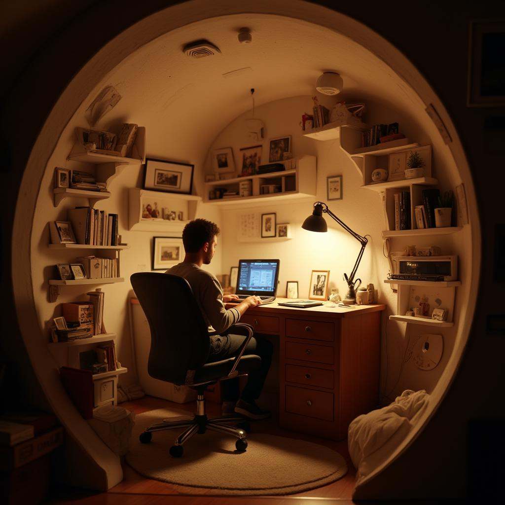 cinematic film still professional 3d model  <lora:lora-2..000008.TA_trained:1>A circular, tunnel-shaped home office with a person sitting at a desk, working on a laptop. The curved walls are filled with bookshelves, a small lamp, and personal items like framed photos. Warm, focused lighting creates a calm, productive atmosphere, with the fisheye lens providing an intimate view of the scene. . octane render, highly detailed, volumetric, dramatic lighting . shallow depth of field, vignette, highly detailed, high budget, bokeh, cinemascope, moody, epic, gorgeous, film grain, grainy