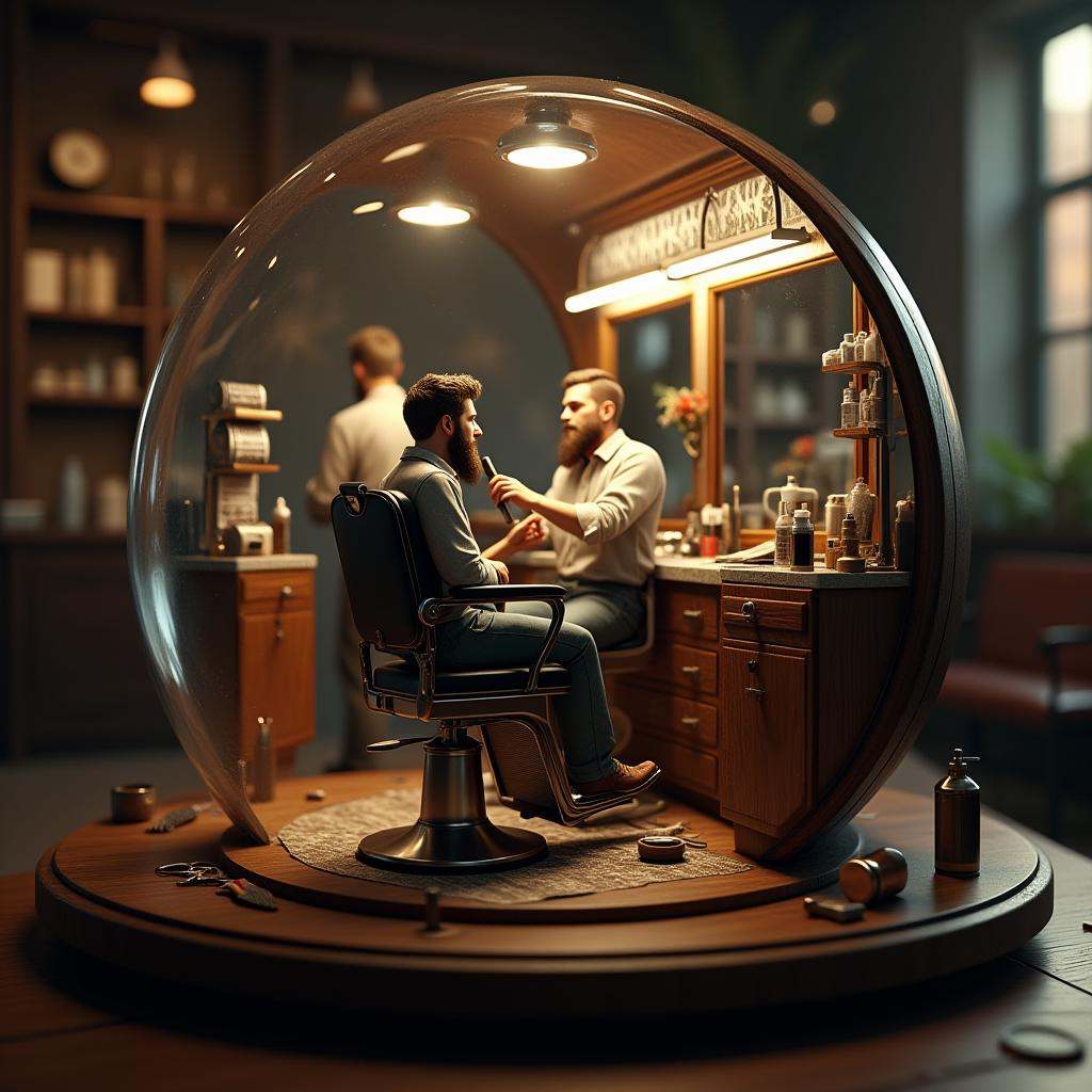 cinematic film still professional 3d model  <lora:Laura_Flux_Life_in_the_Round:0.8>A circular, mirror-like sphere with a detailed, miniature barber shop scene inside. The interior features a tiny barber cutting the hair and shaving the beard of a seated customer. The scene is filled with intricate details such as a classic barber chair, a counter with small tools like scissors, clippers, and a shaving brush, as well as a large mirror reflecting the barber and customer. The shop is warmly lit with soft, ambient lighting, showcasing small bottles of hair products, a rack of magazines, and tiny hair clippings on the floor. The sphere is set within a rotating, interactive display, allowing viewers to peer through a transparent window or magnifying lens to see the intimate, lively moment of grooming in this meticulously crafted, miniature world. . octane render, highly detailed, volumetric, dramatic lighting . shallow depth of field, vignette, highly detailed, high budget, bokeh, cinemascope, moody, epic, gorgeous, film grain, grainy