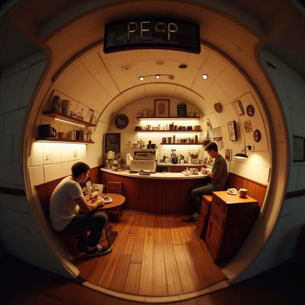 cinematic film still professional 3d model  <lora:lora-2..000008.TA_trained:1>A circular, tunnel-like café diorama with a barista behind a curved counter, making coffee. The rounded walls feature shelves with cups and coffee jars, while a small menu board is visible. A customer sits at a tiny table enjoying their drink. Soft, cozy lighting fills the space, and the fisheye perspective draws the viewer into this intimate café moment. . octane render, highly detailed, volumetric, dramatic lighting . shallow depth of field, vignette, highly detailed, high budget, bokeh, cinemascope, moody, epic, gorgeous, film grain, grainy