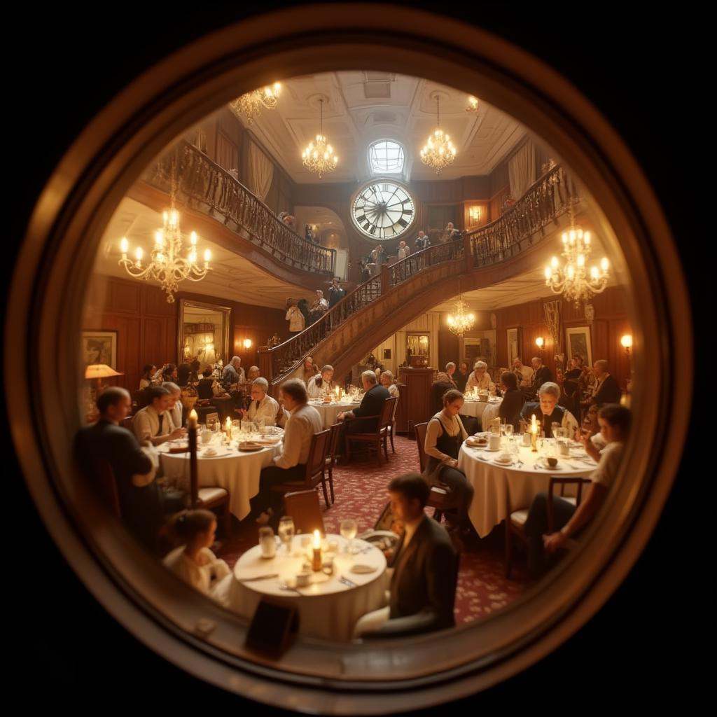 cinematic film still professional 3d model  <lora:lora-2..000008.TA_trained:1>A circular, porthole-like window into a detailed, miniature scene inside the Titanic, showcasing the opulent interior of the ship's grand dining hall. Through the window, the viewer sees elegantly dressed passengers seated at finely set tables, adorned with white tablecloths, polished silverware, and sparkling crystal glasses. The room is illuminated by chandeliers hanging from the high ceiling, casting a warm, golden light that reflects off the richly decorated walls, lined with ornate wooden paneling and luxurious curtains.In the background, a grand staircase leads up to the upper deck, flanked by intricate railings and adorned with a beautiful, large clock at the top, symbolizing the elegance of this historic vessel. A live band plays softly in the corner, with tiny musicians holding miniature instruments, adding life and motion to the scene.The view through the porthole gives a sense of peering into a frozen moment in time, capturing the grandeur and ambiance of the Titanic’s heyday. This immersive, zoomed-in perspective, rendered with high-definition detail and dramatic, soft lighting, offers a nostalgic glimpse into the past, allowing the viewer to experience the luxurious atmosphere and rich history of this iconic ship in a beautifully preserved, miniature world. . octane render, highly detailed, volumetric, dramatic lighting . shallow depth of field, vignette, highly detailed, high budget, bokeh, cinemascope, moody, epic, gorgeous, film grain, grainy