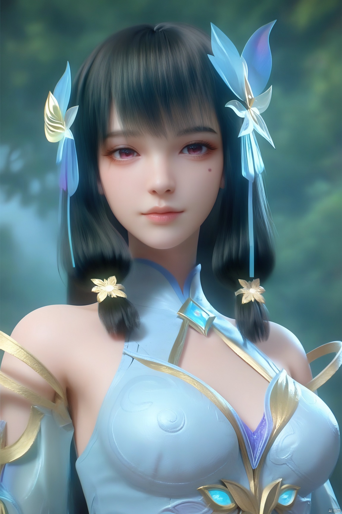 score_9, score_8_up, score_7_up,highly detailed digital,1girl, solo, looking at viewer, bangs, black hair, hair ornament, realistic,She has pale, almost translucent skin,yunluo