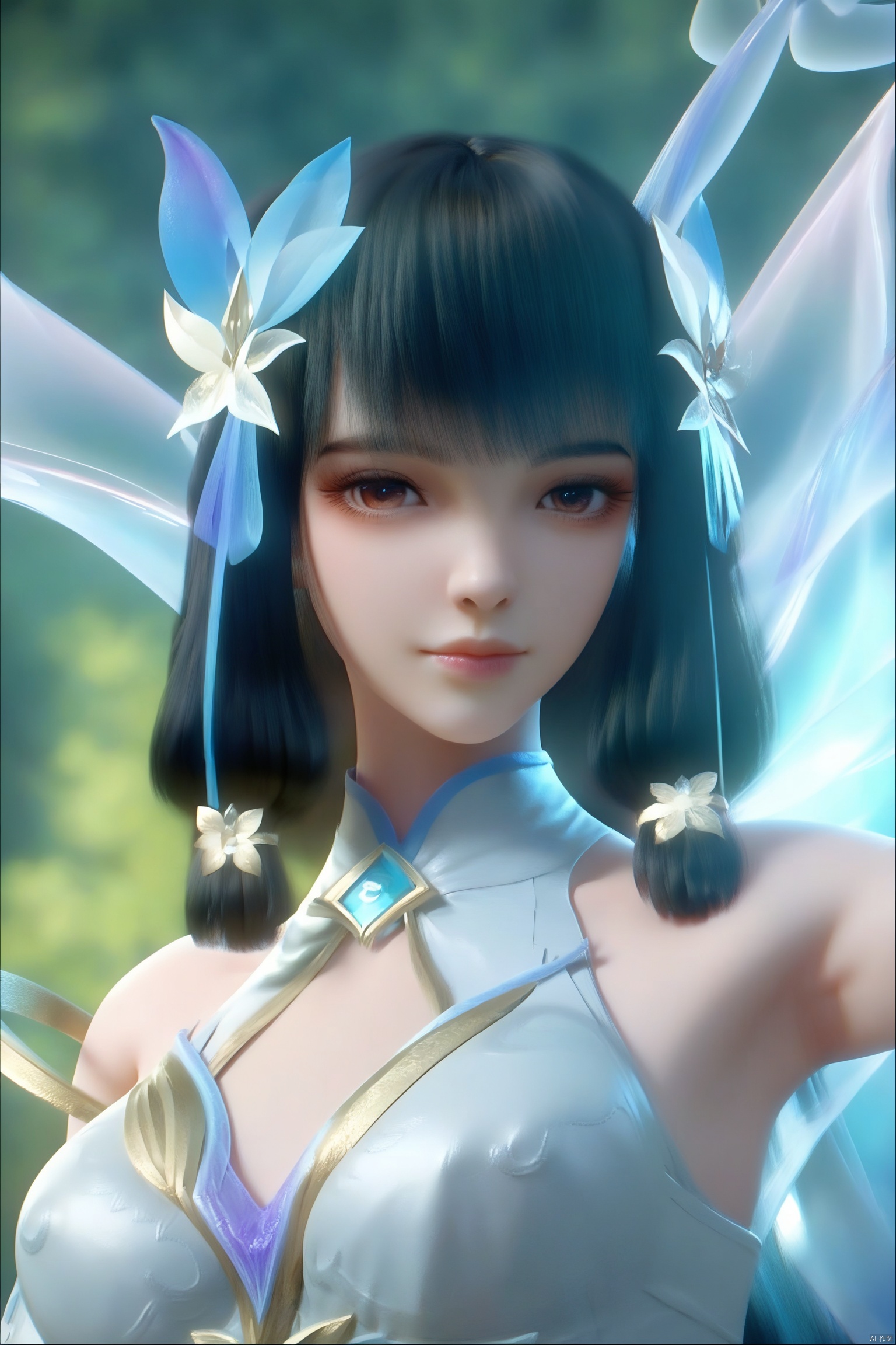 score_9, score_8_up, score_7_up,highly detailed digital,1girl, solo, looking at viewer, bangs, black hair, hair ornament, dress, brown eyes, closed mouth, upper body, armpits, realistic,She has pale, almost translucent skin,yunluo
