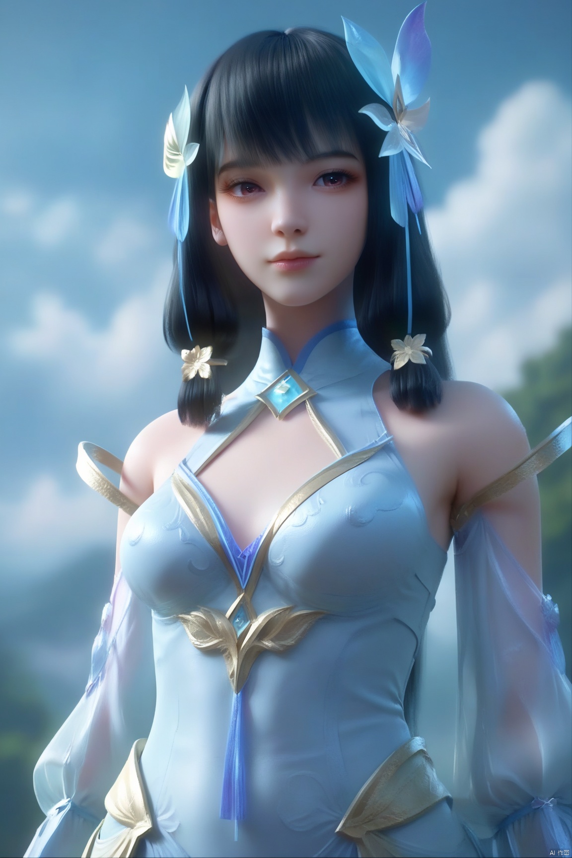 score_9, score_8_up, score_7_up,highly detailed digital,1girl, solo, looking at viewer, bangs, black hair, hair ornament, realistic,She has pale, almost translucent skin,yunluo