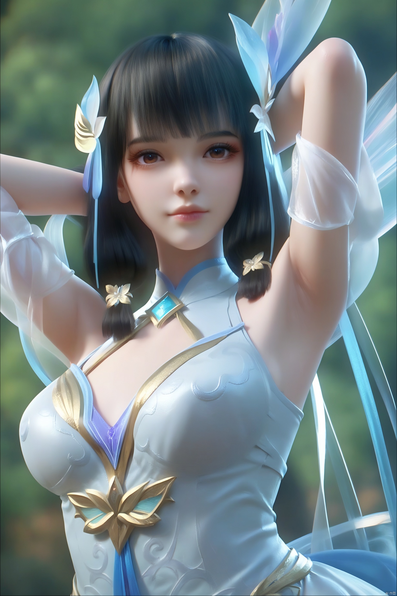 score_9, score_8_up, score_7_up,highly detailed digital,1girl, solo, looking at viewer, bangs, black hair, hair ornament, dress, brown eyes, closed mouth, upper body, armpits, realistic,She has pale, almost translucent skin,yunluo