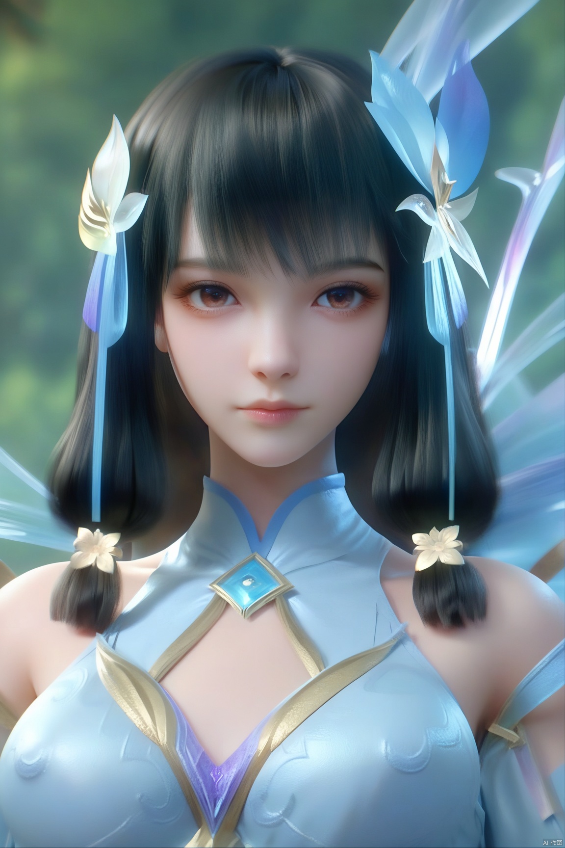 score_9, score_8_up, score_7_up,highly detailed digital,1girl, solo, looking at viewer, bangs, black hair, hair ornament, dress, brown eyes, closed mouth, upper body,  realistic,She has pale, almost translucent skin,yunluo