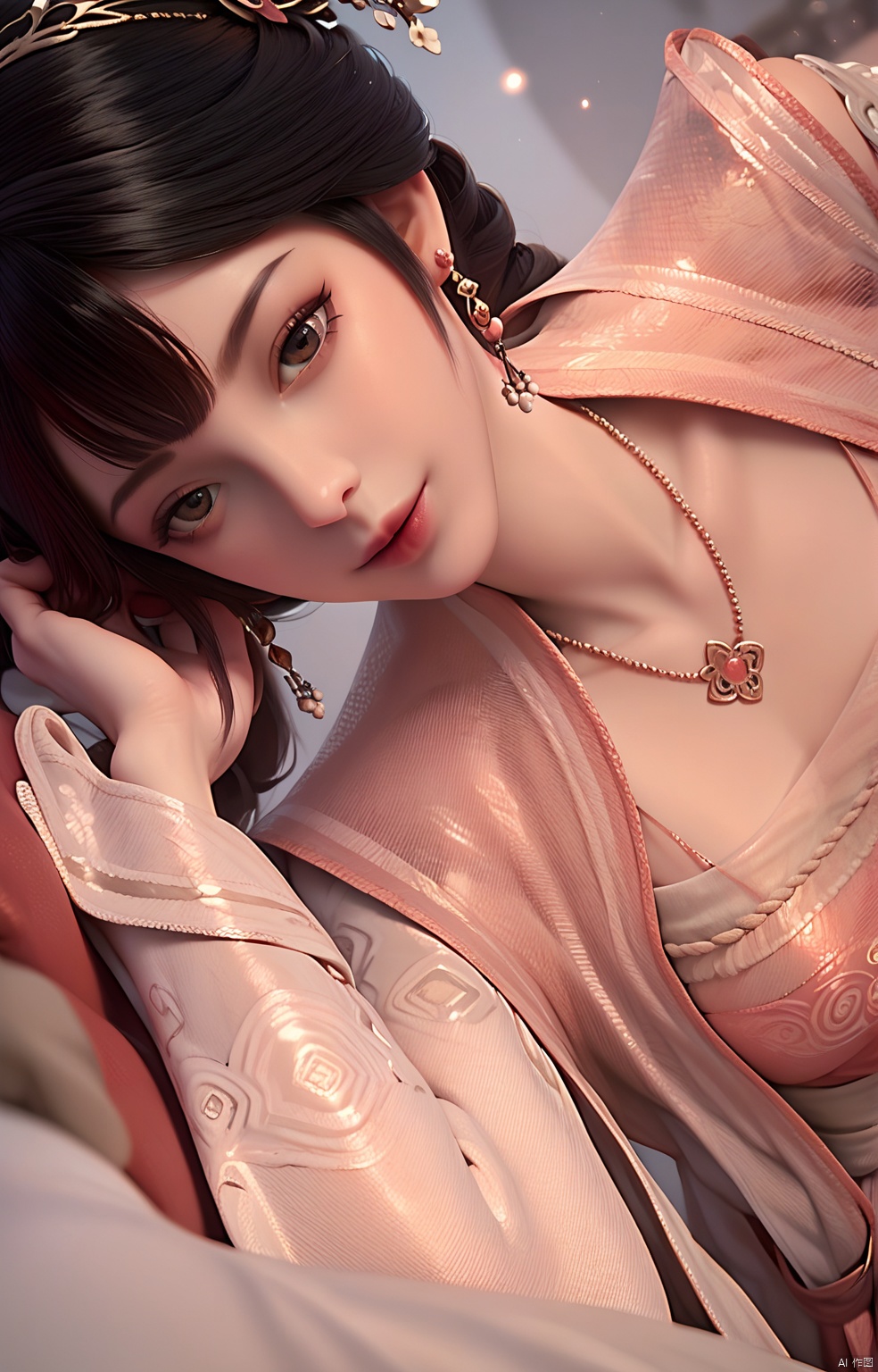 score_9, score_8_up, score_7_up,highly detailed digital,1girl, solo, looking at viewer, bangs, black hair, hair ornament, dress, brown eyes, closed mouth, up body, realistic,She has pale, almost translucent skin,