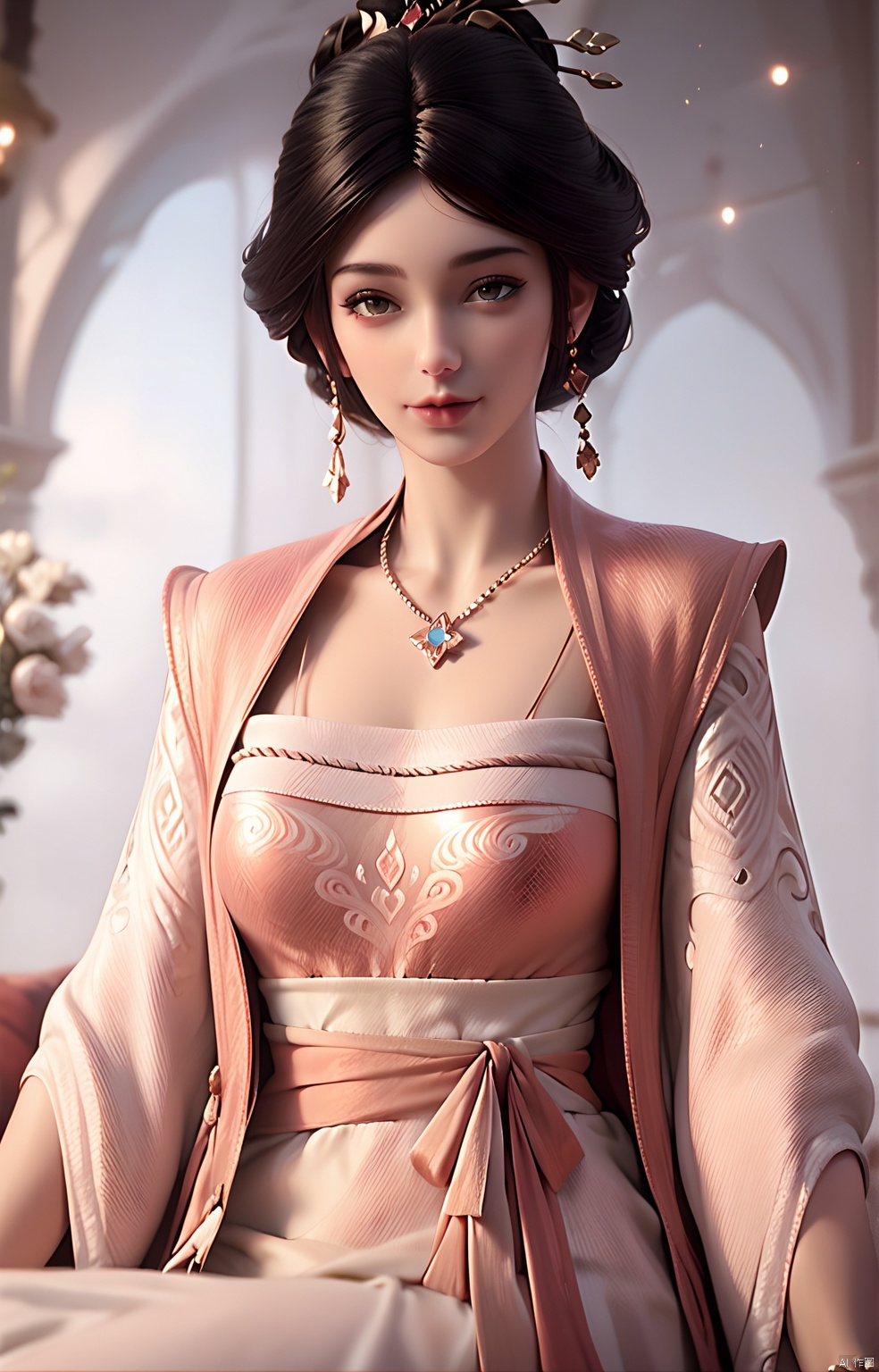 score_9, score_8_up, score_7_up,highly detailed digital,1girl, solo, looking at viewer, bangs, black hair, hair ornament, dress, brown eyes, closed mouth, up body, realistic,She has pale, almost translucent skin,