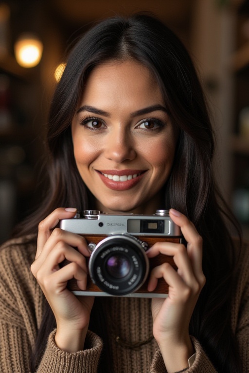 A stunning image of a woman posed confidently in front of a vintage camera,  its wooden body worn with age and patina. Sof...