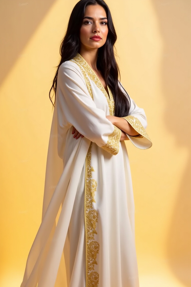 A woman in a flowing white robe with intricate golden embroidery stands confidently against a warm sunlit background,  her...
