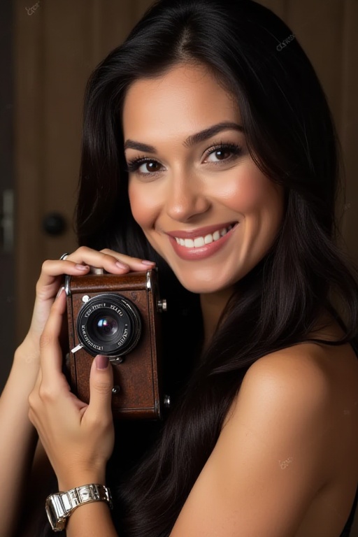 A stunning image of a woman posed confidently in front of a vintage camera,  its wooden body worn with age and patina. Sof...