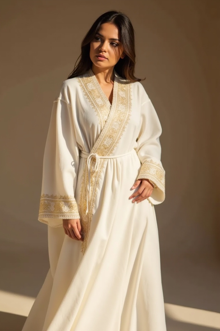 A woman stands confidently,  her body completely covered by a flowing white robe with intricate golden embroidery,  its lo...