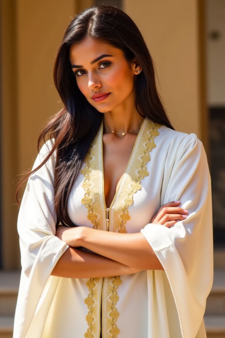 A serene yet powerful woman stands confidently,  her body enveloped in a flowing white robe with intricate golden embroide...