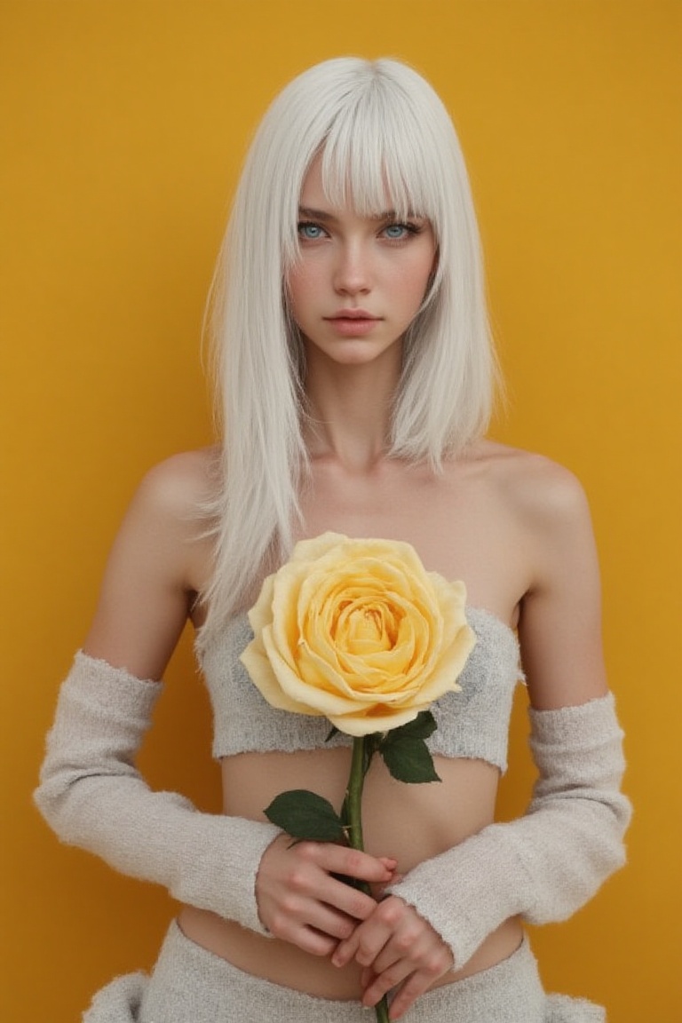 The features a real fine art portrait of a pale white-haired ***** woman with porcelain skin and icy blue eyes,  midriff,...