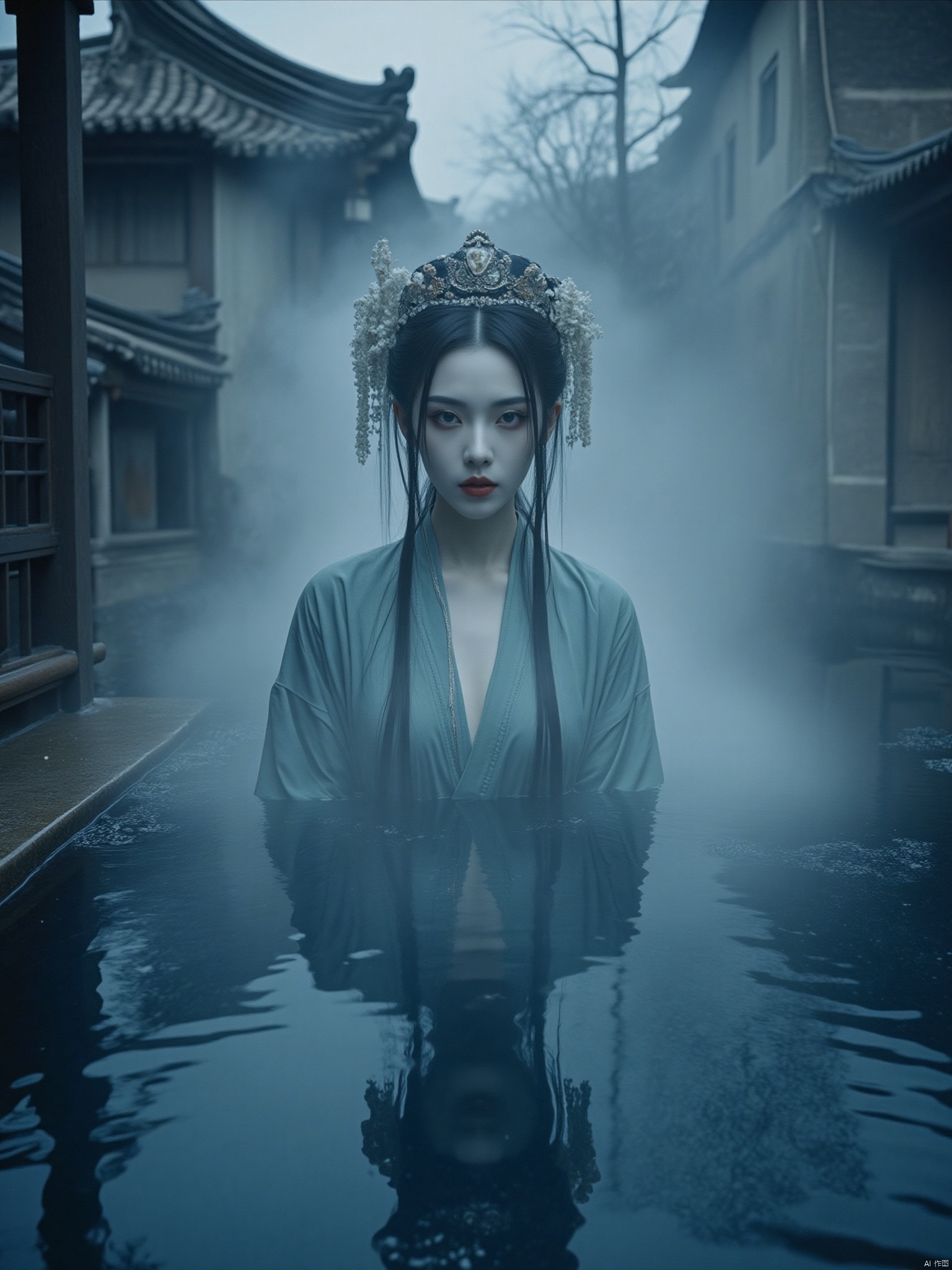 Full body portrait, Chinese sexy beauty, snow-white skin, realistic portrait,
In an ancient Chinese courtyard, a portrait of a beautiful young woman (ernie) taken at eye level view, she is bathing in a icy winter foggy evening, only the face is out of the water, smoke on the water, watching the viewer, 24mm lens, Cinematic Shot