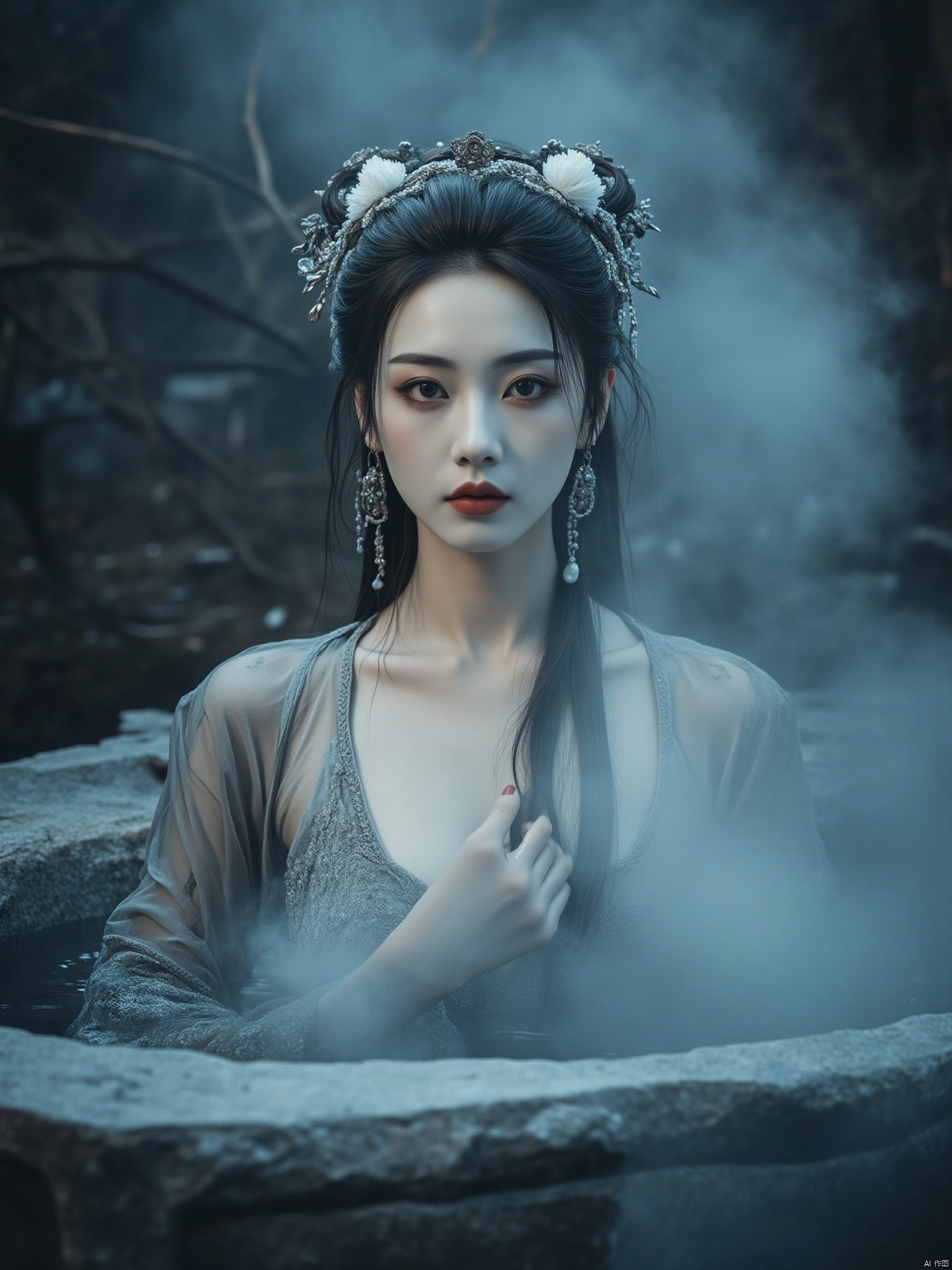 Full body portrait, Chinese sexy beauty, snow-white skin, realistic portrait,
In an ancient Chinese courtyard, a portrait of a beautiful young woman (ernie) taken at eye level view, she is bathing in a icy winter foggy evening, only the face is out of the water, smoke on the water, watching the viewer, 24mm lens, Cinematic Shot