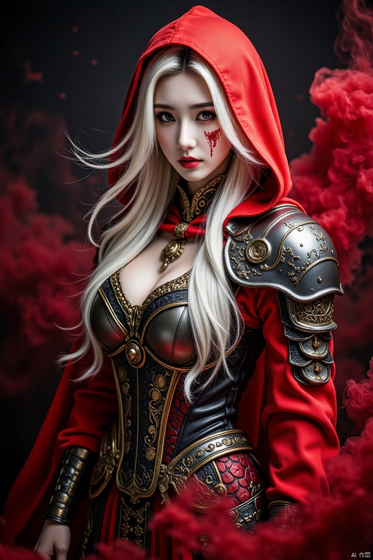 Chinese aesthetics, Asian beauty, snow-white skin ,full_body,beautiful lighting,
Digital fantasy artwork featuring a female character with a striking and intense appearance. She has pale skin, long white hair, and piercing red eyes. Her face is adorned with red markings that resemble blood streaks. She wears a red hooded cloak and intricately designed armor with metallic and leather elements, primarily in red and silver tones. The background is dark, with swirling red smoke or mist adding to the dramatic and mystical atmosphere. The overall style is highly detailed and realistic, with a focus on the character's fierce and enigmatic expression.
