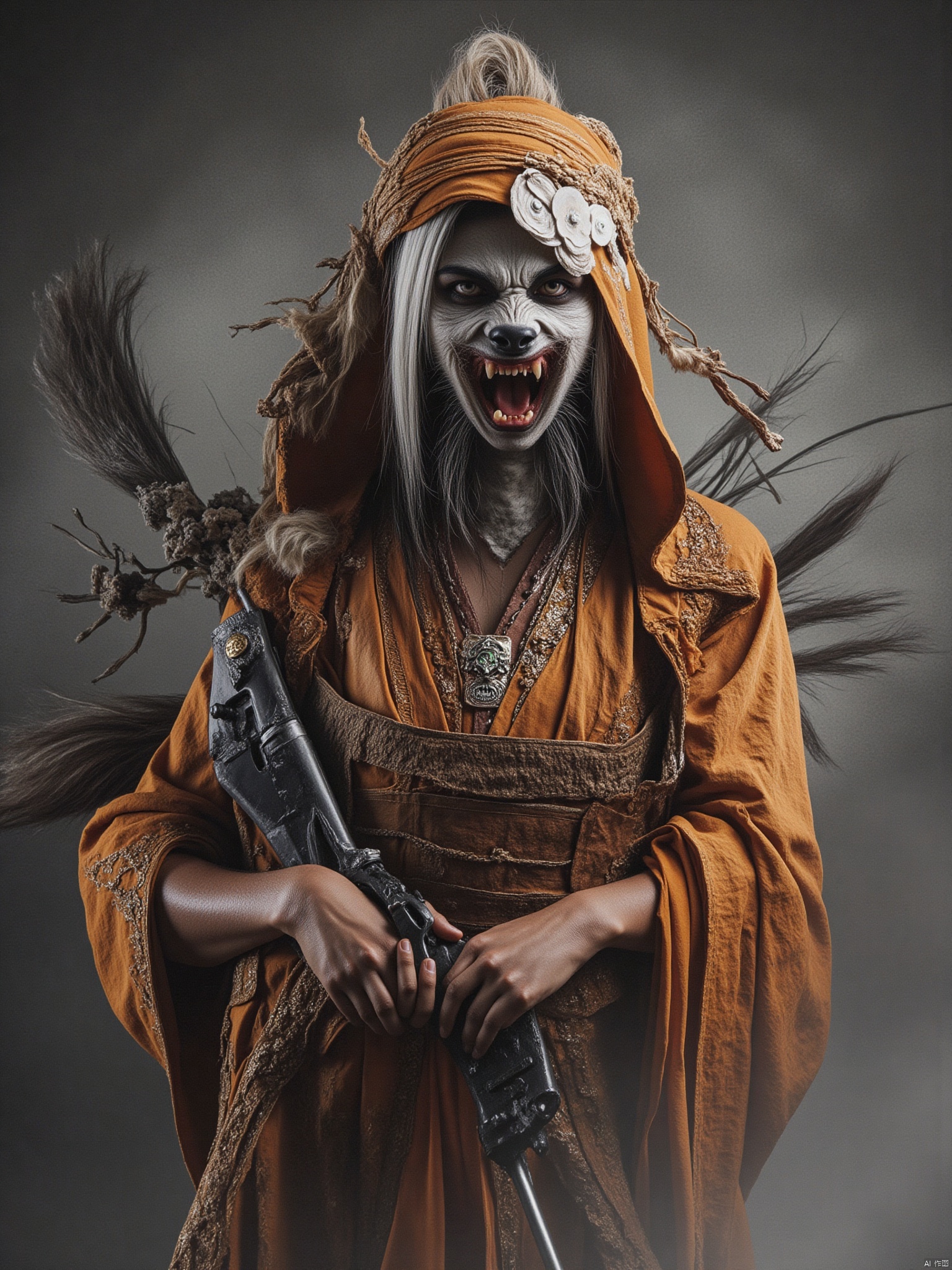 Full body portrait, Chinese sexy beauty, snow-white skin, realistic portrait,
Man with saffron shroud on head, holding gun in hands of wild ferocious wolf crying "Wolf has only one wolf head weapon M4A1 gun wolf head A logo.​