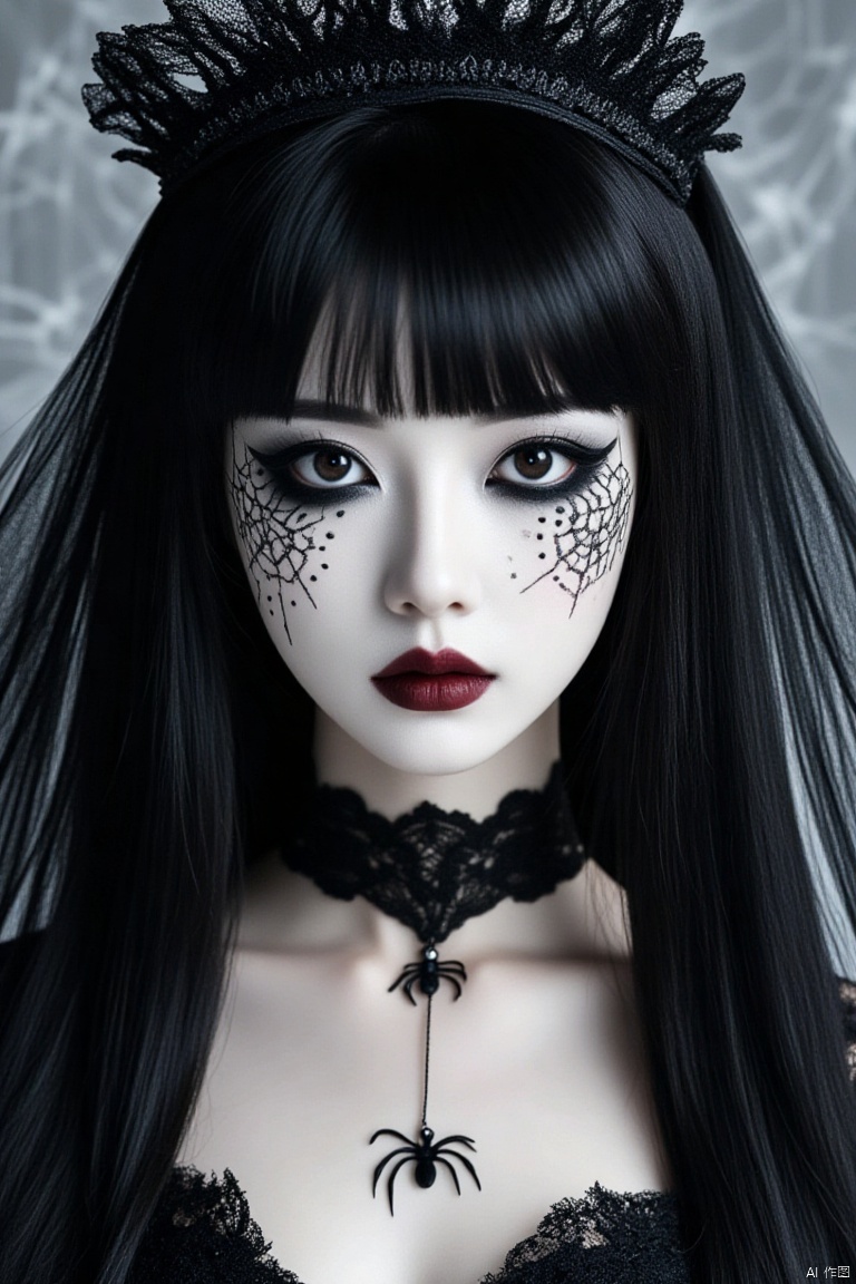 Full body portrait, Chinese beauty, snow-white skin, realistic portrait,
OBwans,Halloween makeup,Highly detailed face,OBbllai, This is a high-resolution photograph of a young woman with a strikingly detailed gothic makeup look. She has long, straight black hair with blunt bangs that frame her face. Her skin is pale, enhancing the dramatic contrast of her makeup. Her eyes are strikingly made up with a spider web pattern in black ink around the outer corners, extending down to her cheeks. The webs have small black dots mimicking spider legs, adding to the eerie effect. Her lips are painted a deep, matte red, and her eyebrows are meticulously shaped and filled in. She wears a black lace choker with intricate, vintage-inspired designs, adding to the gothic aesthetic. Her makeup is complemented by a delicate spider web veil draped around her head, giving a ghostly, ethereal feel. The background is a soft gray, with subtle white spider web patterns overlaying it, enhancing the spooky theme. The overall composition of the image is highly stylized, focusing on the intricate makeup and the eerie, haunting atmosphere. The lighting is soft, highlighting the details of her makeup without harsh shadows. The image evokes a sense of mystery and otherworldliness.