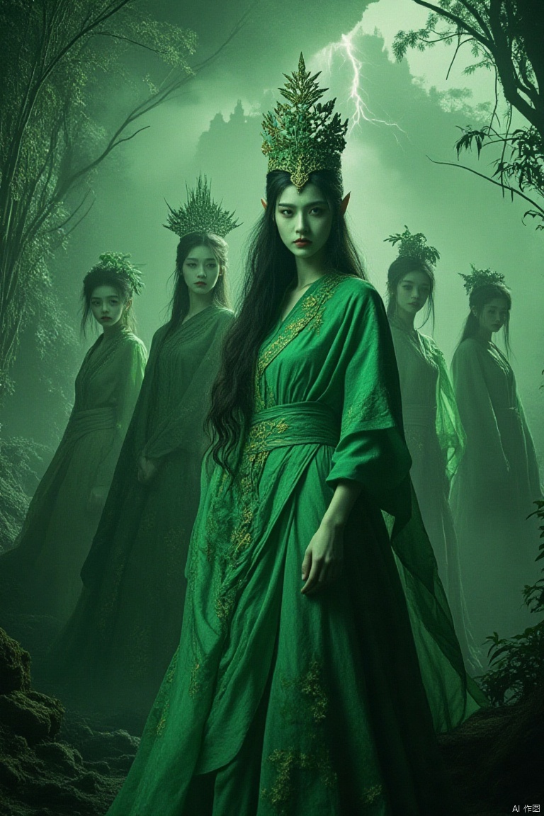 green theme, 4elves, multiple enchanted beings, robe, leaf veil, wavy hair, forest, observing onlookers, monochrome, fog, thunder, fantasy architecture, floral crown.