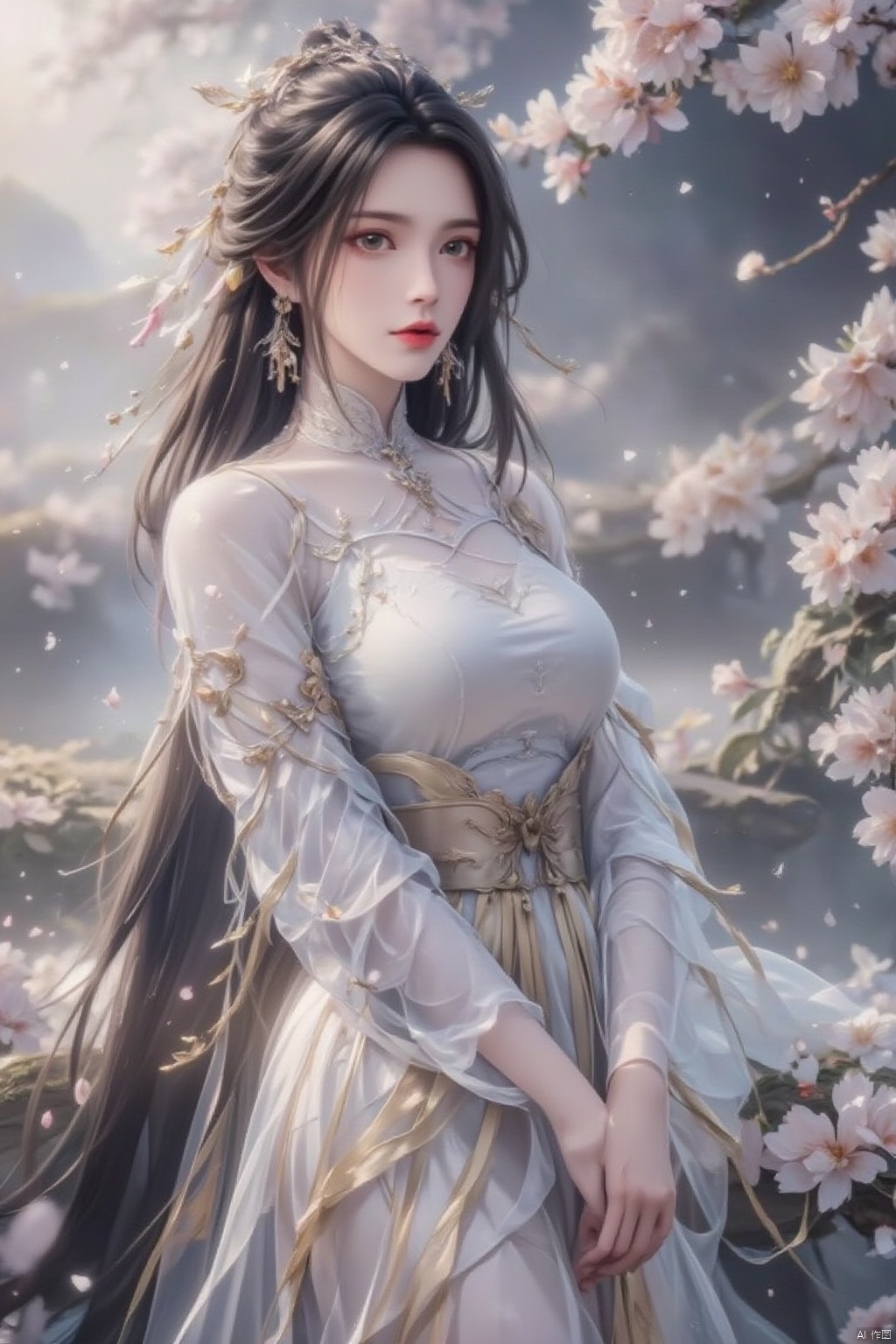 1girl, solo, long hair, skirt, black hair, flower, lips, plant, realistic,起风了古风,chinese clothes