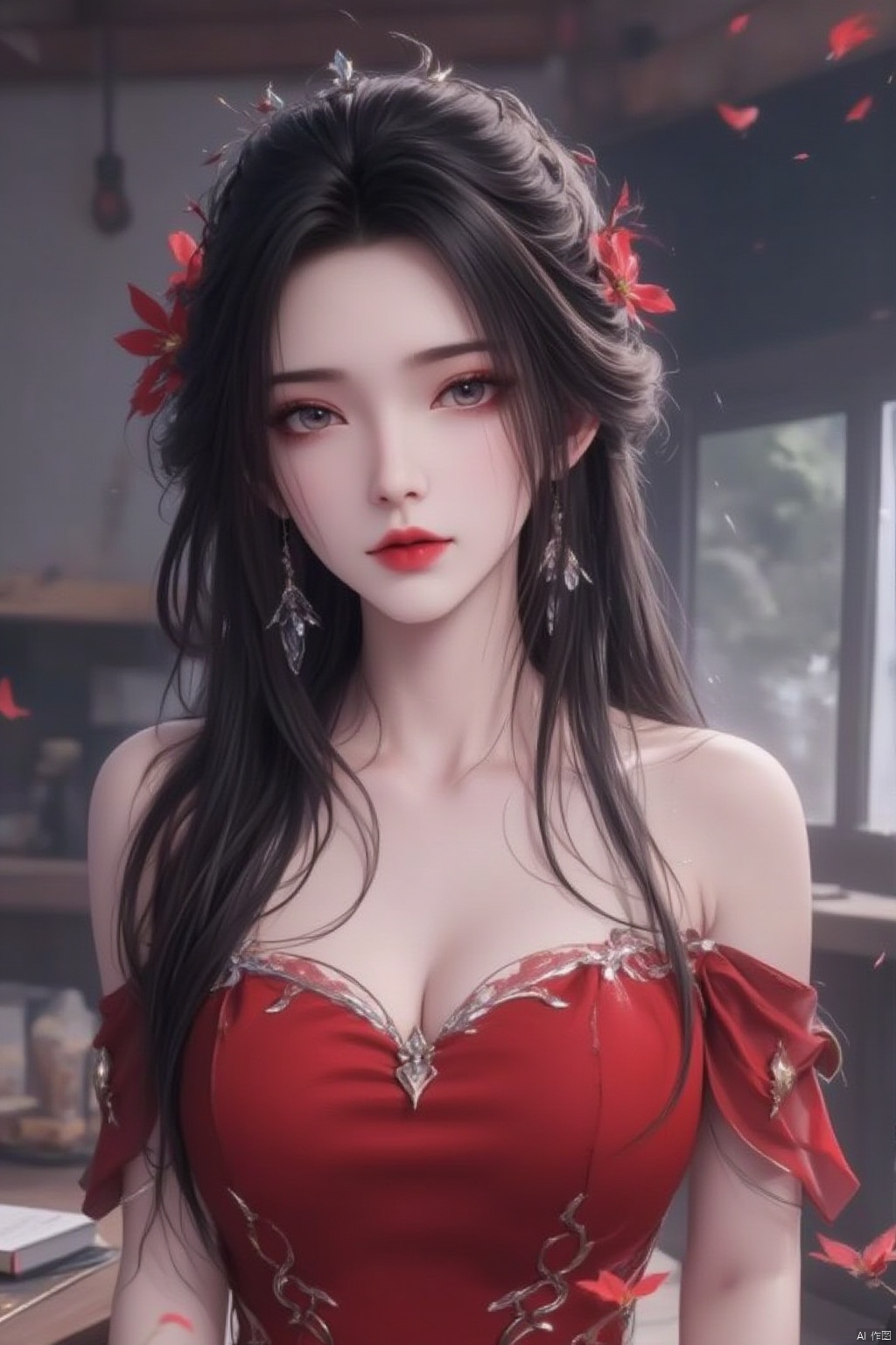 1girl, solo, long hair, breasts, looking at viewer, black hair, hair ornament, dress, bare shoulders, jewelry, upper body, flower, earrings, off shoulder, blurry, book, makeup, red dress, red lips