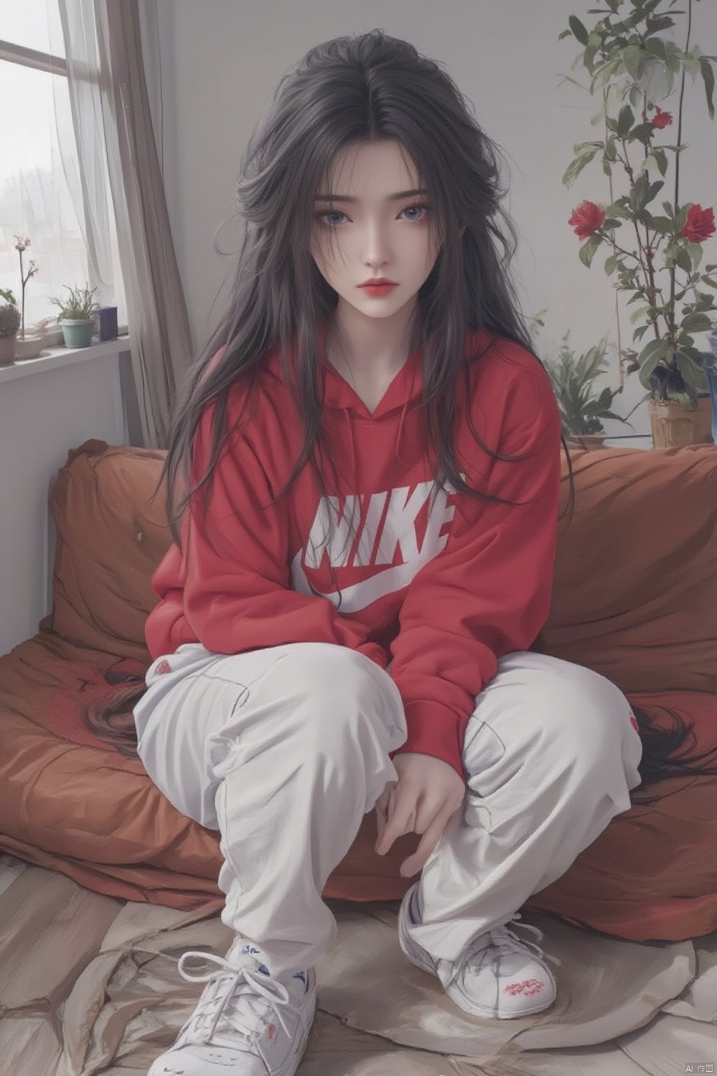 1girl, solo, long hair, looking at viewer, black hair, long sleeves, sitting, closed mouth, full body, flower, shoes, pants, indoors, hood, lips, hoodie, makeup, white footwear, hood down, plant, red flower, sneakers, couch, knees up, white pants, red lips, potted plant, red hoodie, nike