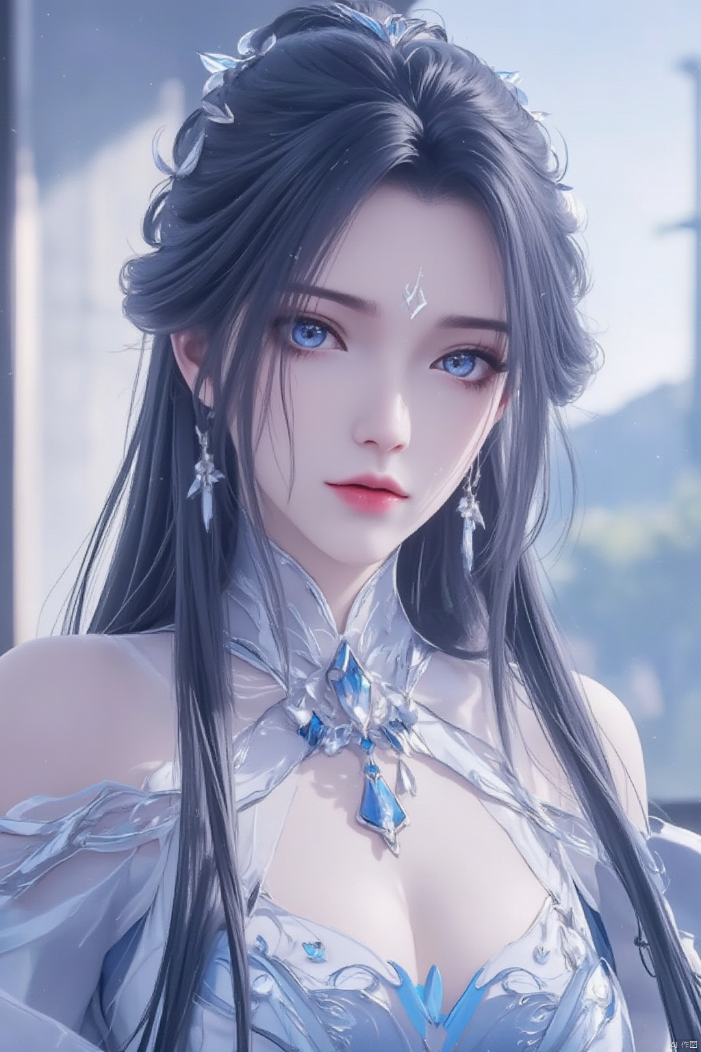 1girl, solo, long hair, breasts, looking at viewer, blue eyes, black hair, hair ornament, dress, bare shoulders, jewelry, braid, cowboy shot, earrings, white dress, clothing cutout, blue dress, facial mark, crystal, forehead mark