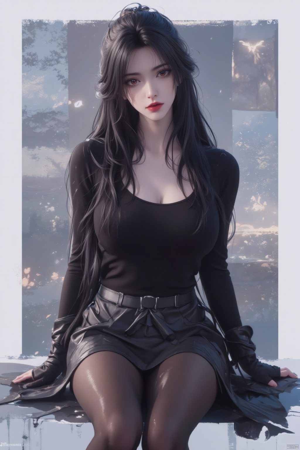1girl, solo, long hair, breasts, looking at viewer, skirt, black hair, gloves, long sleeves, cleavage, brown eyes, medium breasts, sitting, closed mouth, pantyhose, boots, black gloves, miniskirt, fingerless gloves, black skirt, black footwear, lips, black shirt, clothing, makeup,  crossed legs, lipstick, reflection, red lips, different reflection