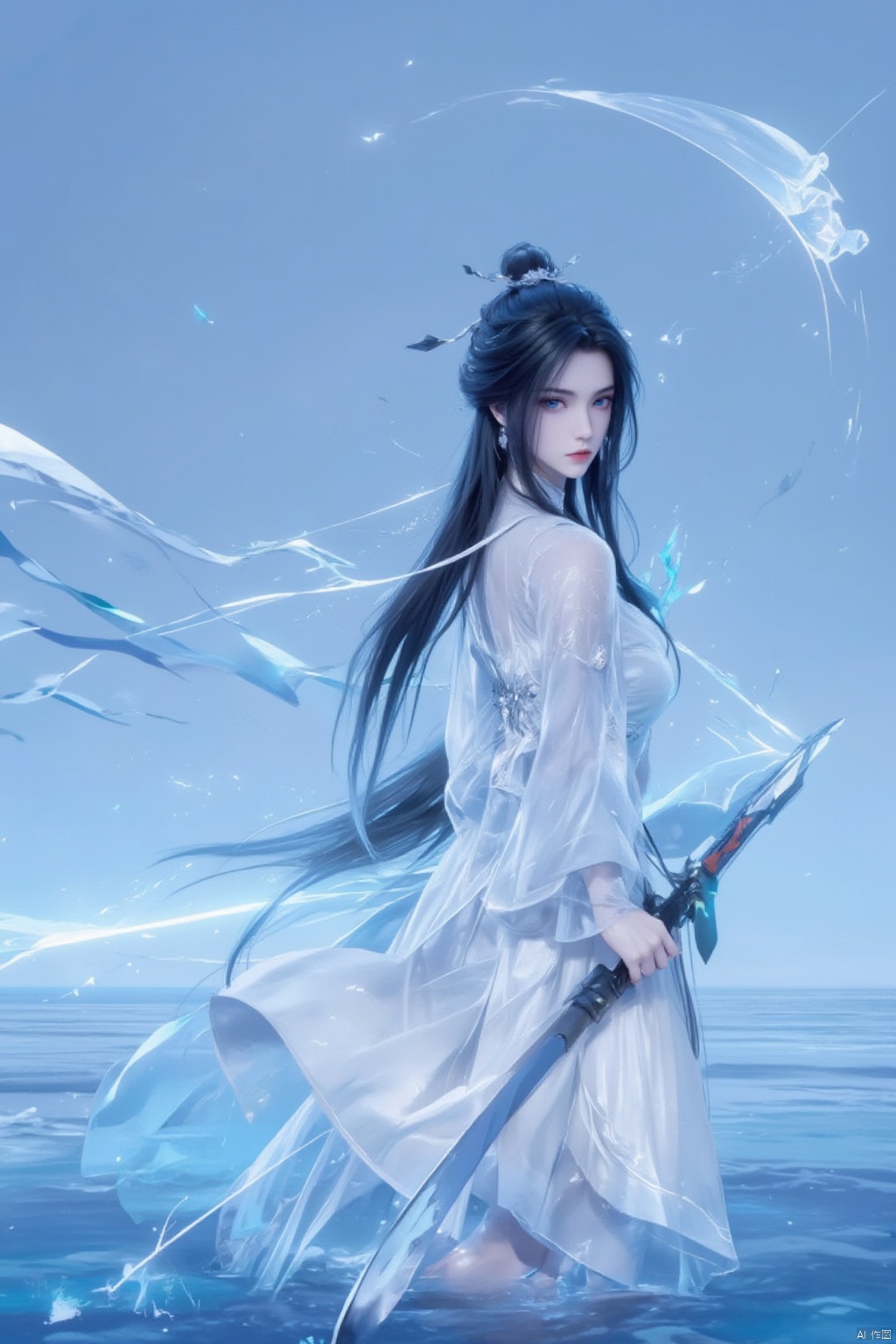 1girl, solo, long hair, looking at viewer, blue eyes, black hair, hair ornament, dress, holding, weapon, sword, water, hair bun, holding weapon, white dress, see-through, expressionless, holding sword, single hair bun, blue theme