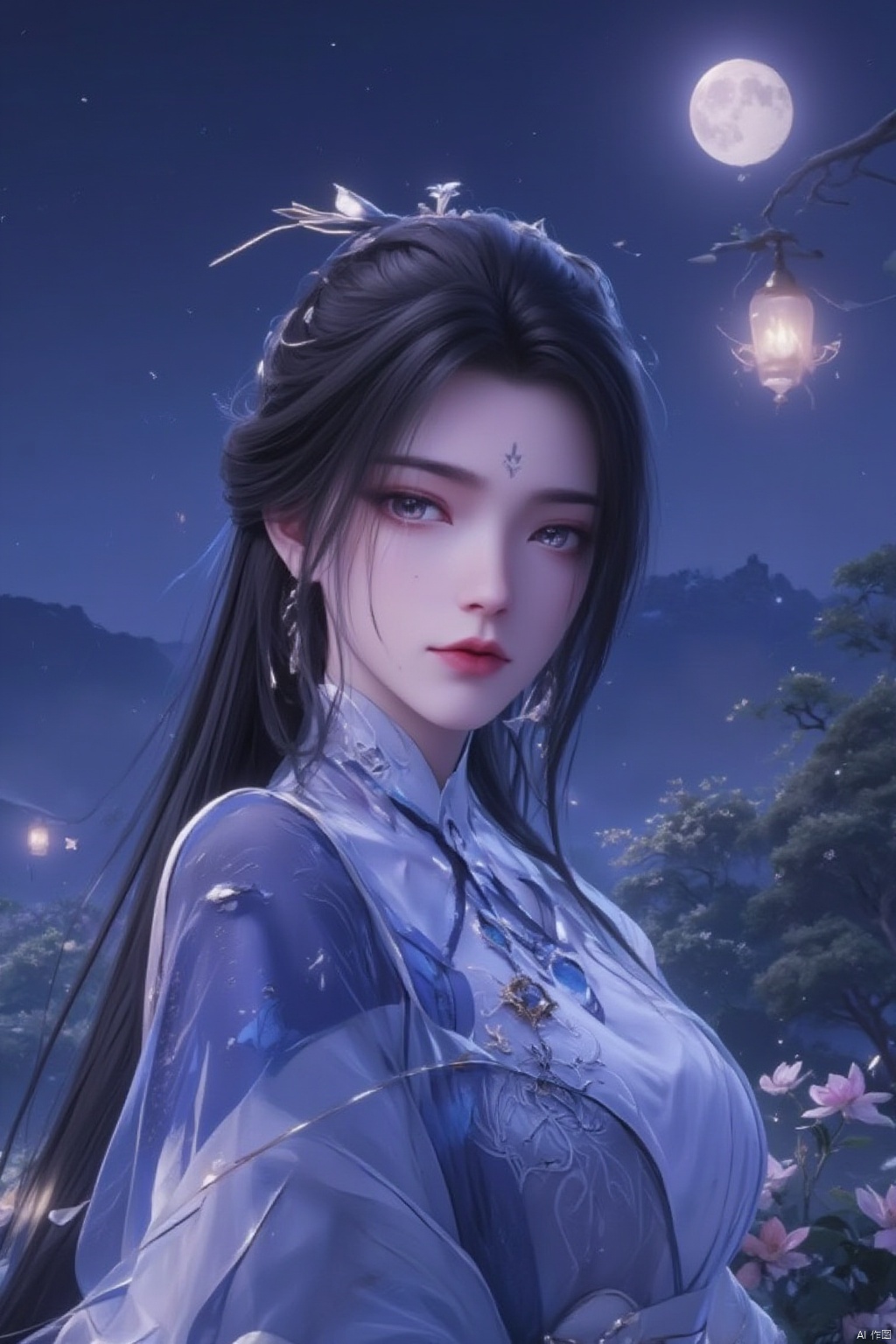 1girl, solo, long hair, looking at viewer, black hair, hair ornament, jewelry, closed mouth, upper body, flower, earrings, outdoors, sky, tree, sash, night, facial mark, chinese clothes, moon, night sky, full moon, lantern, forehead mark