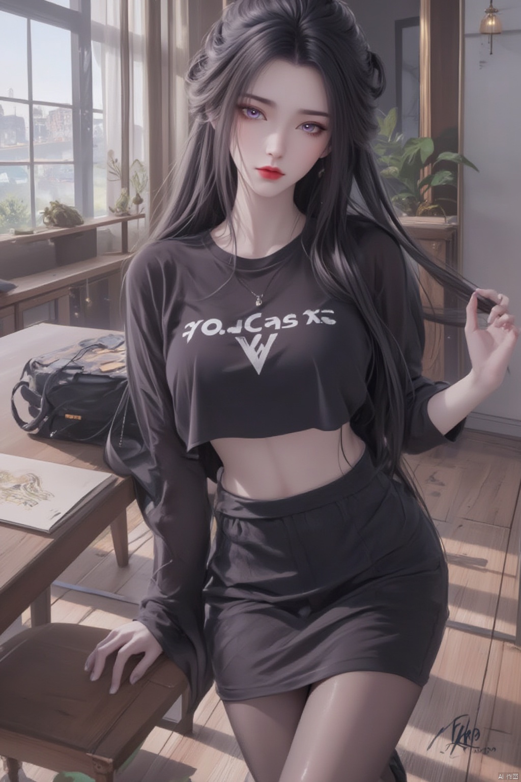 1girl, solo, long hair, breasts, looking at viewer, skirt, large breasts, shirt, black hair, navel, sitting, purple eyes, full body, pantyhose, midriff, artist name, indoors, miniskirt, black skirt, bag, black footwear, high heels, lips, crop top, black pantyhose, black shirt, makeup, chair, table, lipstick, pencil skirt, red lips