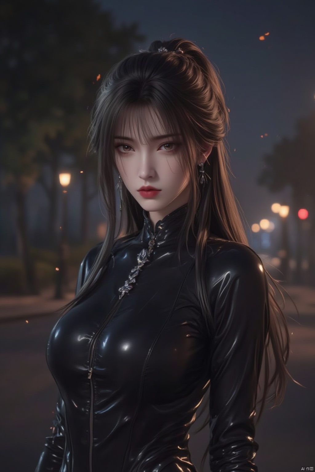 1girl, solo, long hair, breasts, looking at viewer, bangs, brown hair, black hair, gloves, brown eyes, jewelry, medium breasts, standing, ponytail, cowboy shot, earrings, outdoors, parted lips, black gloves, shiny, blurry, lips, bodysuit, night, depth of field, blurry background, skin tight, zipper, shiny clothes, black bodysuit, red lips, road, latex, lamppost, street, latex bodysuit, full-length zipper