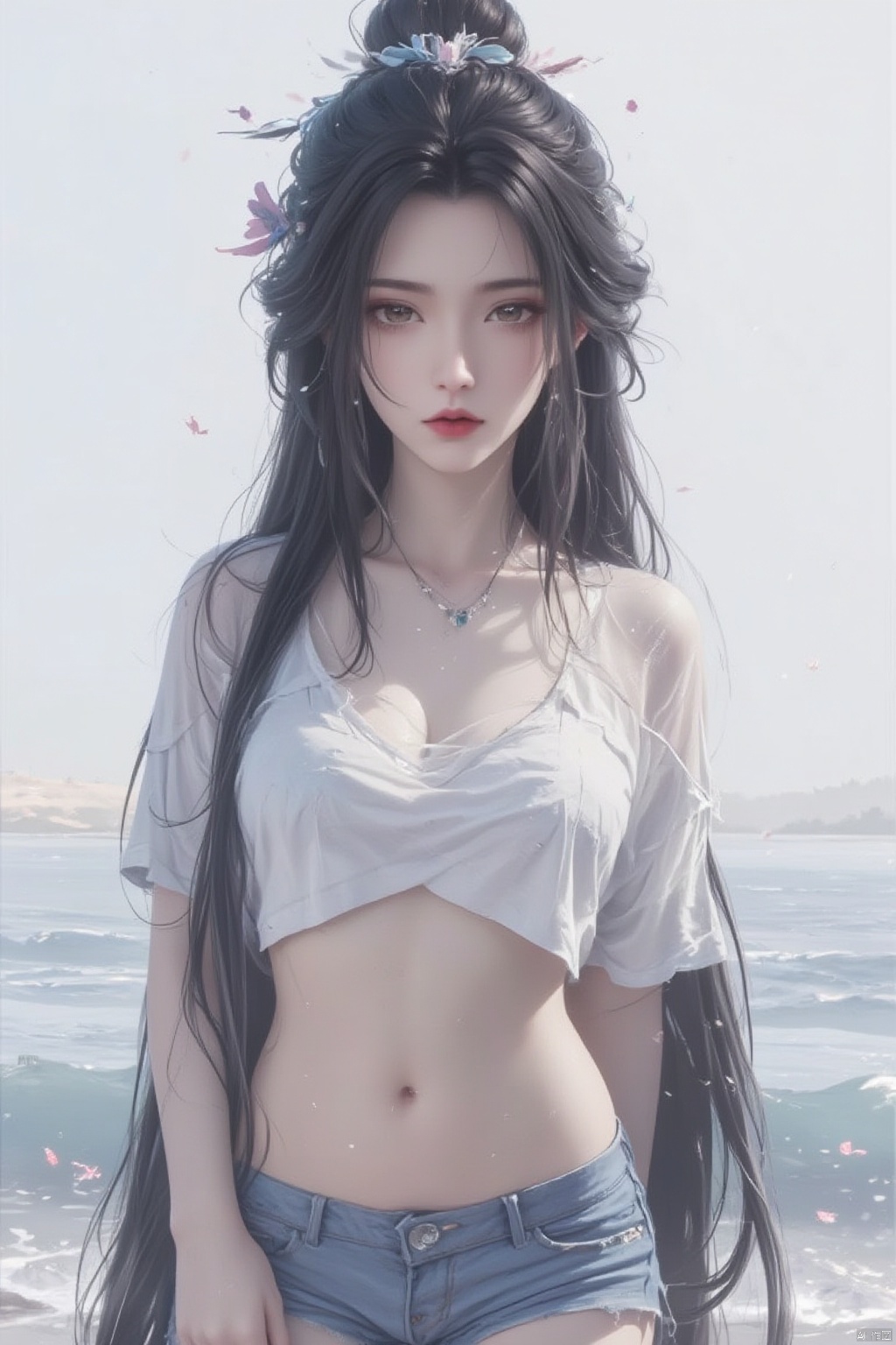 1girl, solo, long hair, breasts, looking at viewer, large breasts, shirt, black hair, hair ornament, navel, jewelry, very long hair, closed mouth, white shirt, flower, short sleeves, cowboy shot, earrings, shorts, midriff, water, necklace, crop top, wet, short shorts, underboob, facial mark, abs, denim, denim shorts, crop top overhang