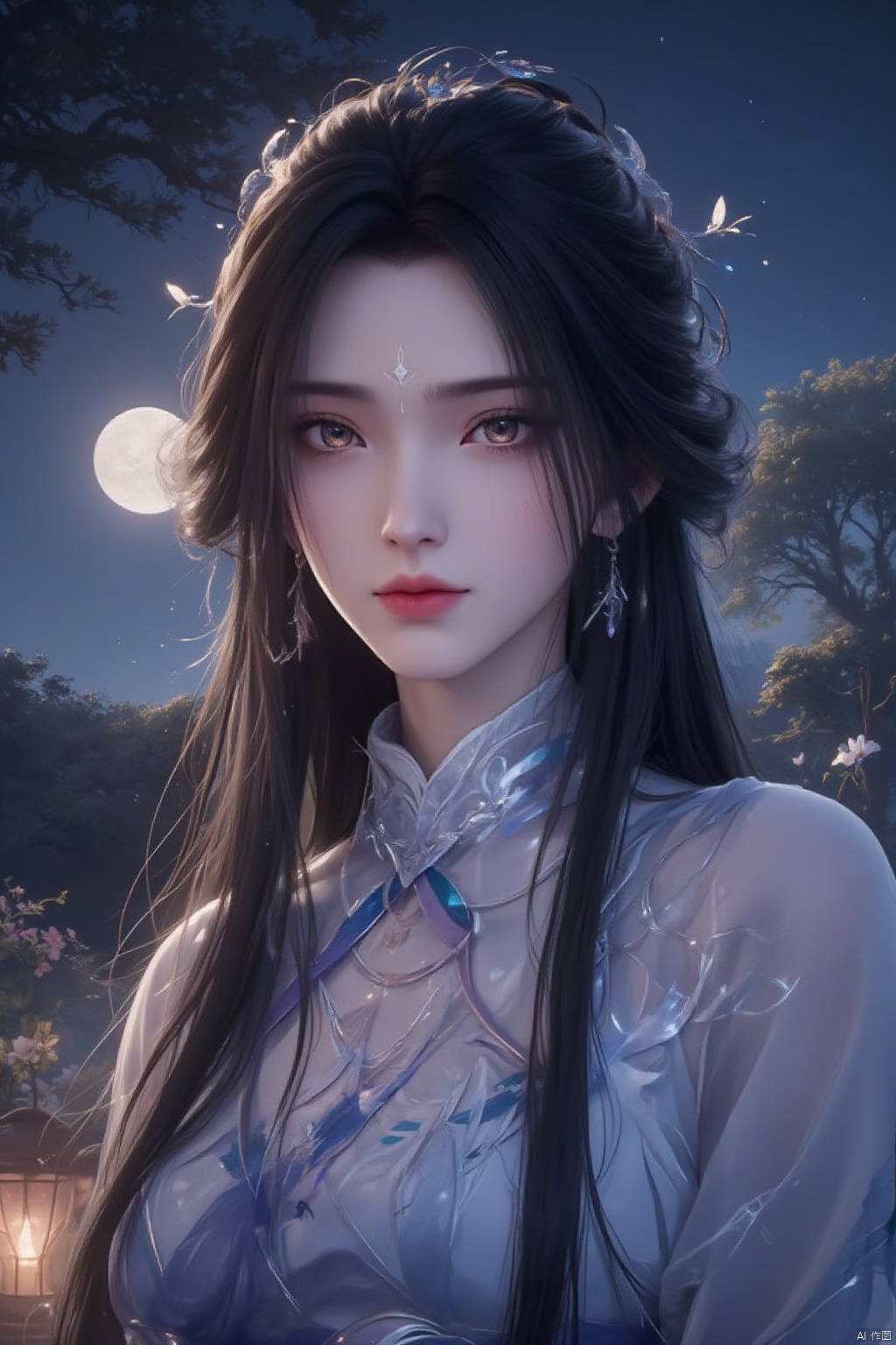 1girl, solo, long hair, looking at viewer, black hair, hair ornament, jewelry, closed mouth, upper body, flower, earrings, outdoors, sky, tree, sash, night, facial mark, chinese clothes, moon, night sky, full moon, lantern, forehead mark