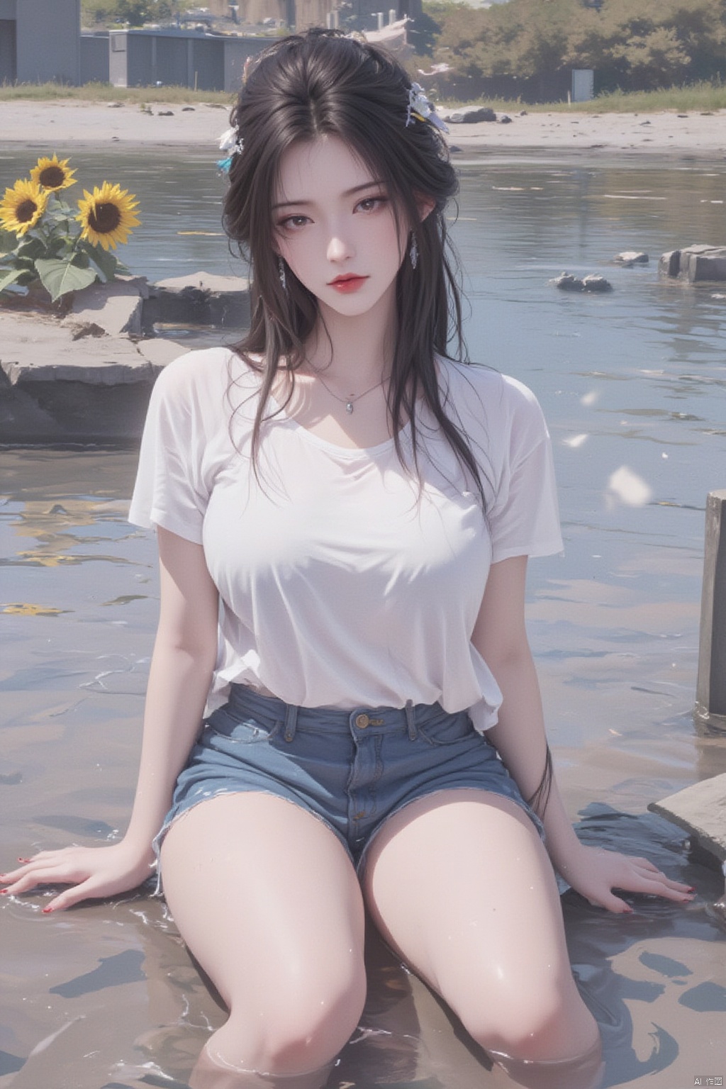 1girl, solo, long hair, breasts, looking at viewer, brown hair, shirt, black hair, jewelry, medium breasts, sitting, closed mouth, full body, white shirt, flower, short sleeves, earrings, outdoors, shorts, day, water, nail polish, feet, lips, see-through, legs, short shorts, bare legs, toes, sandals, plant, denim, t-shirt, wet clothes, reflection, blue shorts, toenails, denim shorts, anklet, sunflower, toenail polish, wet shirt, soaking feet, ripples