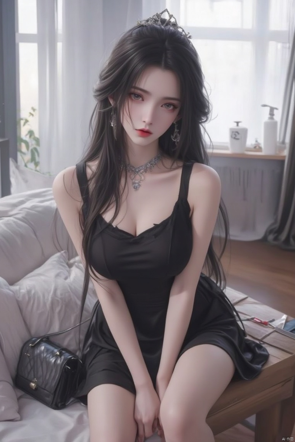 1girl, solo, long hair, breasts, looking at viewer, large breasts, black hair, dress, cleavage, bare shoulders, brown eyes, jewelry, sitting, closed mouth, collarbone, full body, thighs, earrings, sleeveless, day, indoors, hand up, necklace, bag, black footwear, blurry, black dress, high heels, lips, legs, pillow, bare legs, window, makeup, sleeveless dress, short dress, crossed legs, tiara, couch, wooden floor, handbag, red lips