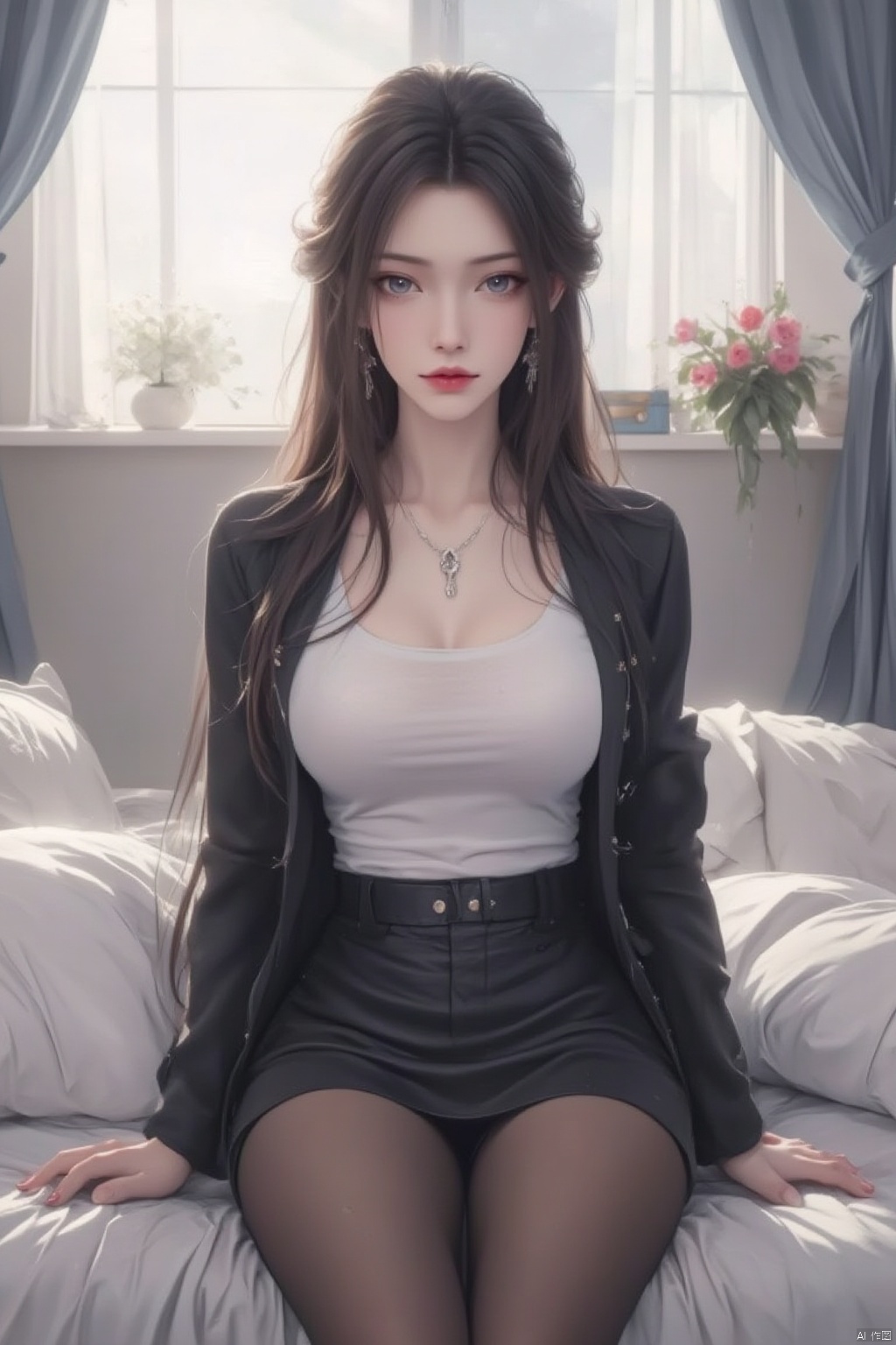 1girl, solo, long hair, breasts, looking at viewer, skirt, brown hair, shirt, long sleeves, jewelry, sitting, closed mouth, jacket, full body, white shirt, pantyhose, earrings, open clothes, day, indoors, miniskirt, black skirt, necklace, black footwear, high heels, open jacket, lips, black jacket, pillow, black pantyhose, window, bed, makeup, arm support, on bed, sunlight, crossed legs, curtains, pencil skirt, thighband pantyhose, red lips, bedroom