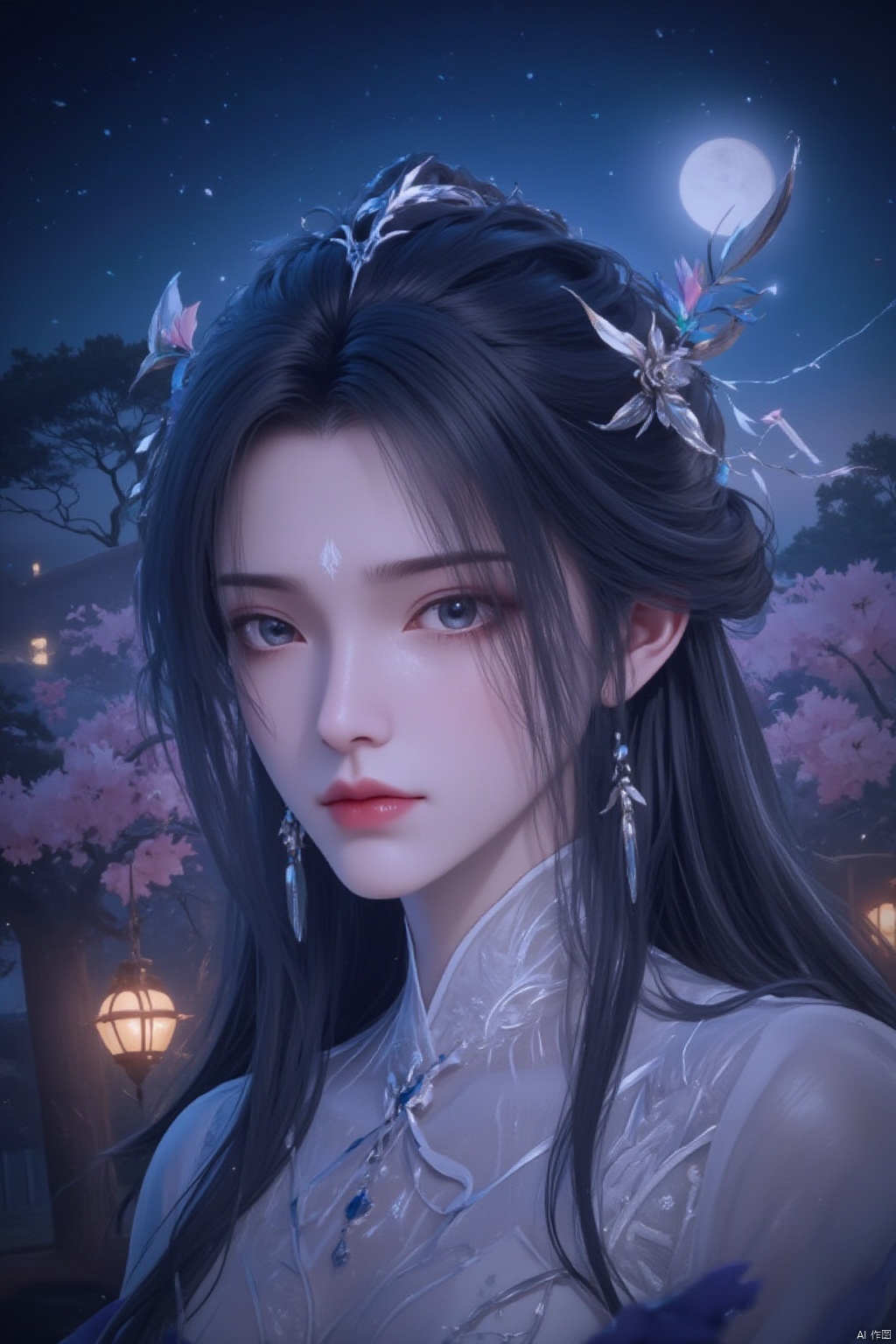 1girl, solo, long hair, looking at viewer, black hair, hair ornament, jewelry, closed mouth, upper body, flower, earrings, outdoors, sky, tree, sash, night, facial mark, chinese clothes, moon, night sky, full moon, lantern, forehead mark