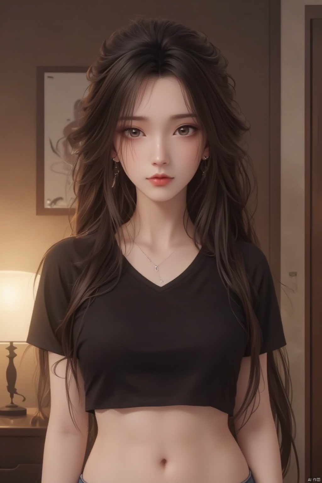 1girl, solo, long hair, looking at viewer, brown hair, shirt, navel, brown eyes, closed mouth, collarbone, upper body, short sleeves, midriff, indoors, arm up, lips, crop top, black shirt, v, realistic