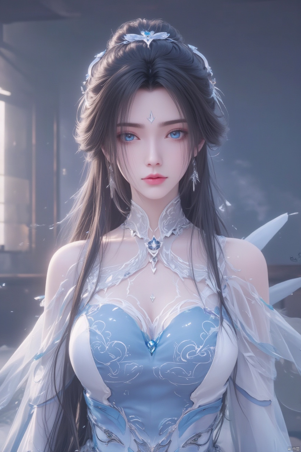 1girl, solo, long hair, breasts, looking at viewer, blue eyes, black hair, hair ornament, dress, bare shoulders, jewelry, braid, cowboy shot, earrings, white dress, clothing cutout, blue dress, facial mark, crystal, forehead mark